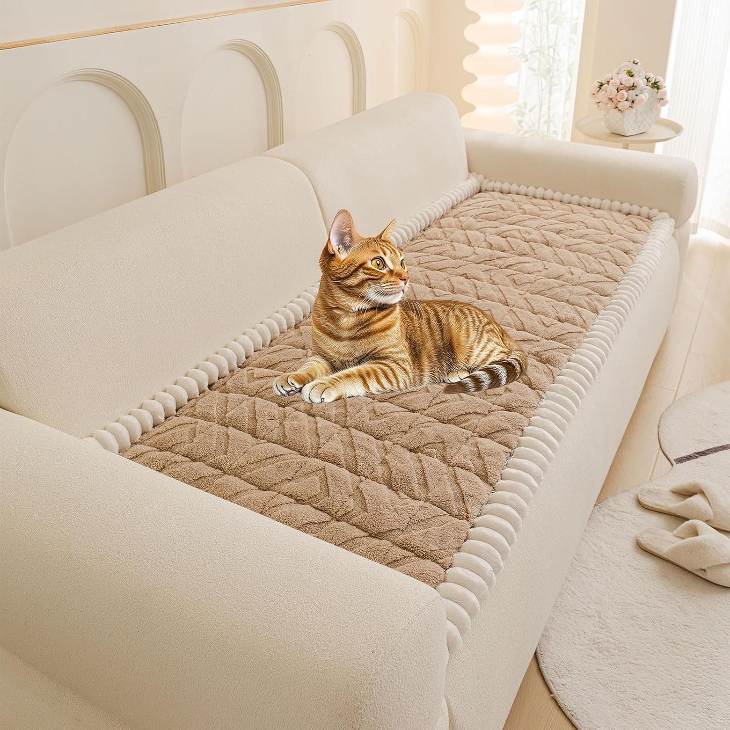 OTOB Couch Covers for 3 Cushion Couch Sofa Pet Friendly, Washable & Non Slip Geometric Jacquard Modern Plush Fuzzy Sofa Slipcovers Protector, All Season Soft Pet Couch Cover (Coffee, 27.6"x82.7")