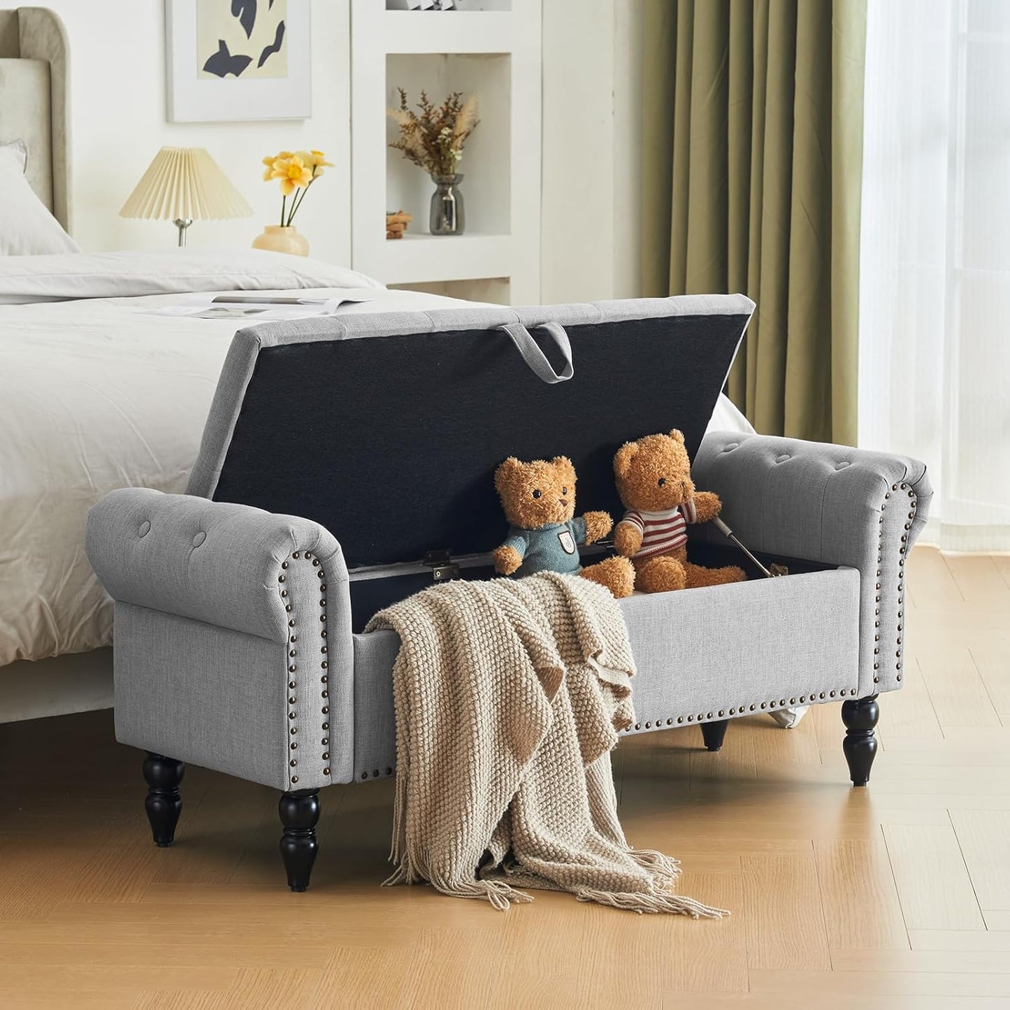 Furnimart Storage Ottoman Bench for Queen Size Bed, Faux Linen Upholstered Storage Bench Accent Bench with Rolled Arms for Bedroom,Living Room, Entryway, 2.5Cubic Feet