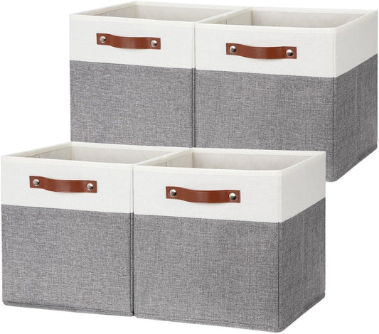 HNZIGE Fabric Storage Cubes 12x12 Cube Storage Bins, Set of 4, Decorative Cube Organizers Bins for Shelves with Handles,Foldable Bins for Cube Organizer Home Toy Nursery Closet(White Gray)