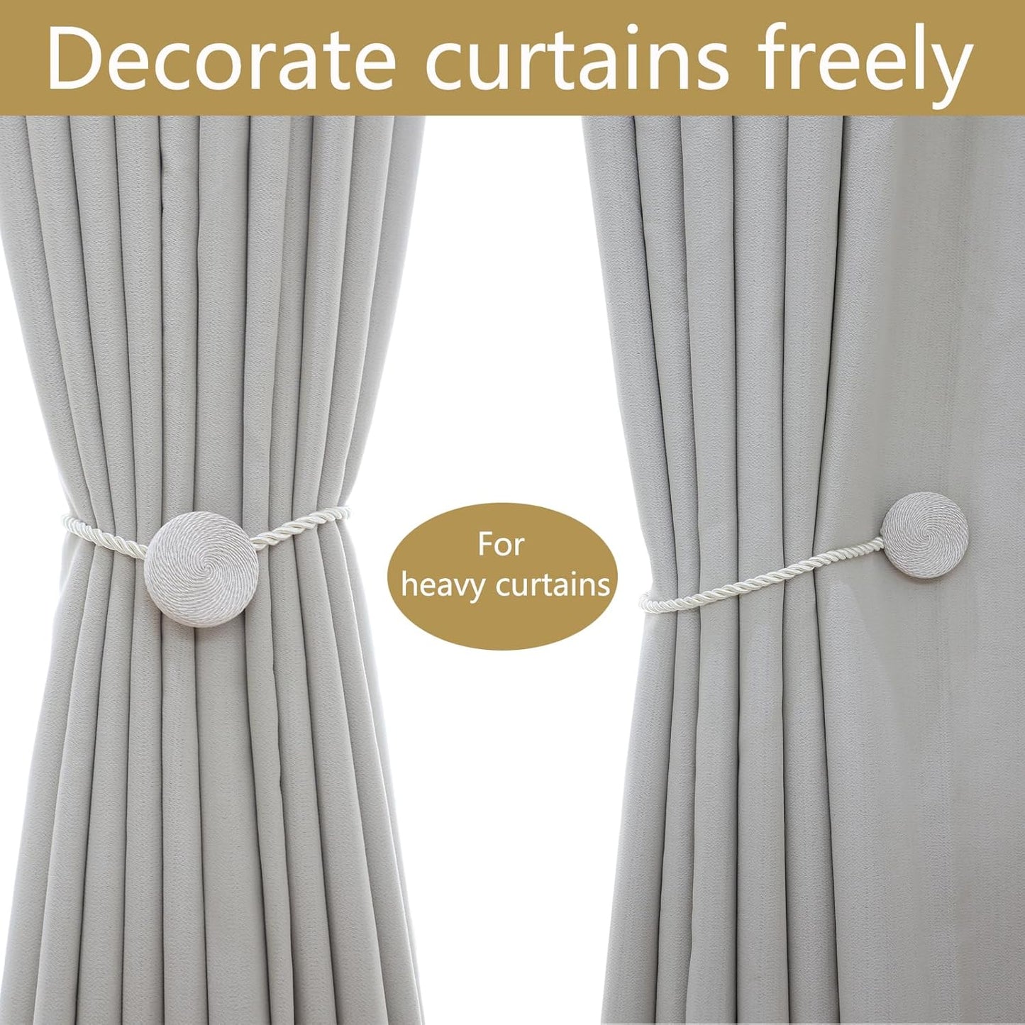 Magnetic Curtain Tiebacks - 12mm Magnetic Tie Backs for Curtains, Heavy Duty No Drill Curtain Holdbacks for Home/Office Windows Drapes, Elegant Gift-Ready Design 7 Colors (2, Beige)