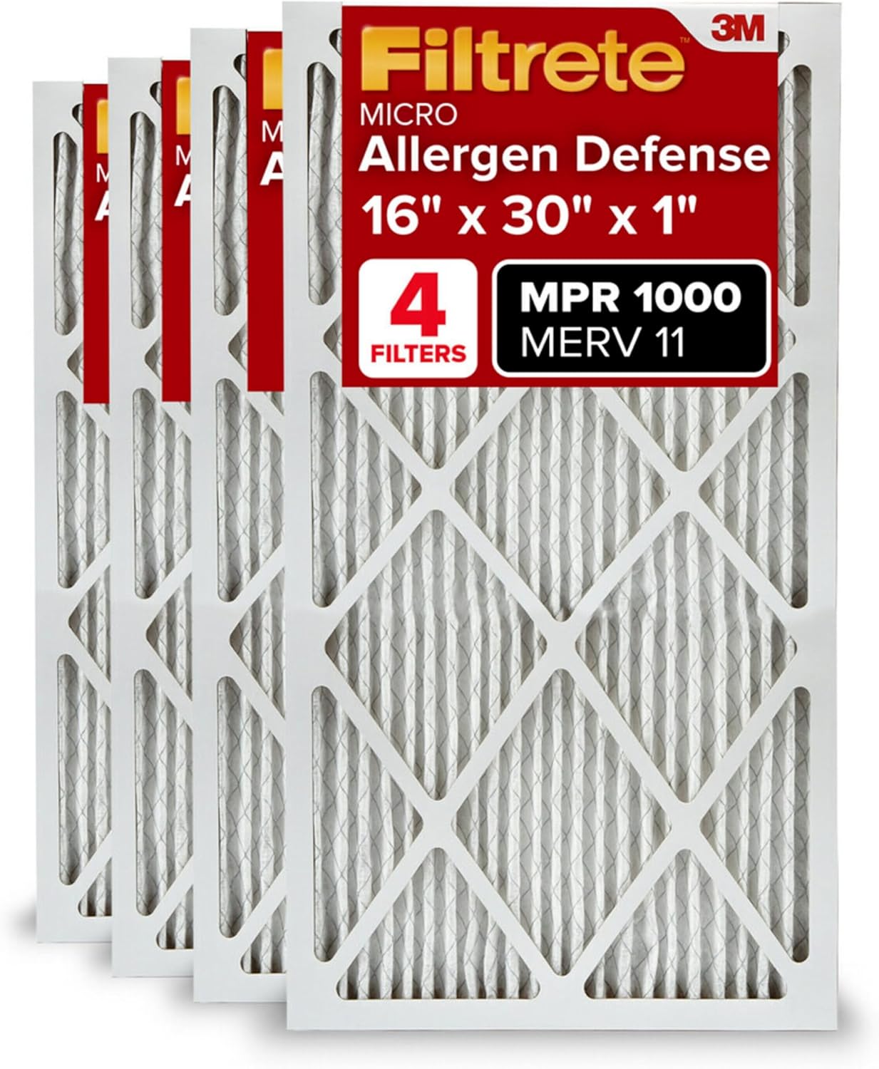 Filtrete 16x30x1 AC Furnace Air Filter, MERV 11, MPR 1000, Micro Allergen Defense, 3-Month Pleated 1-Inch Electrostatic Air Cleaning Filter, 4 Pack (Actual Size 4-Pack 29.813x15.813x0.656 in)