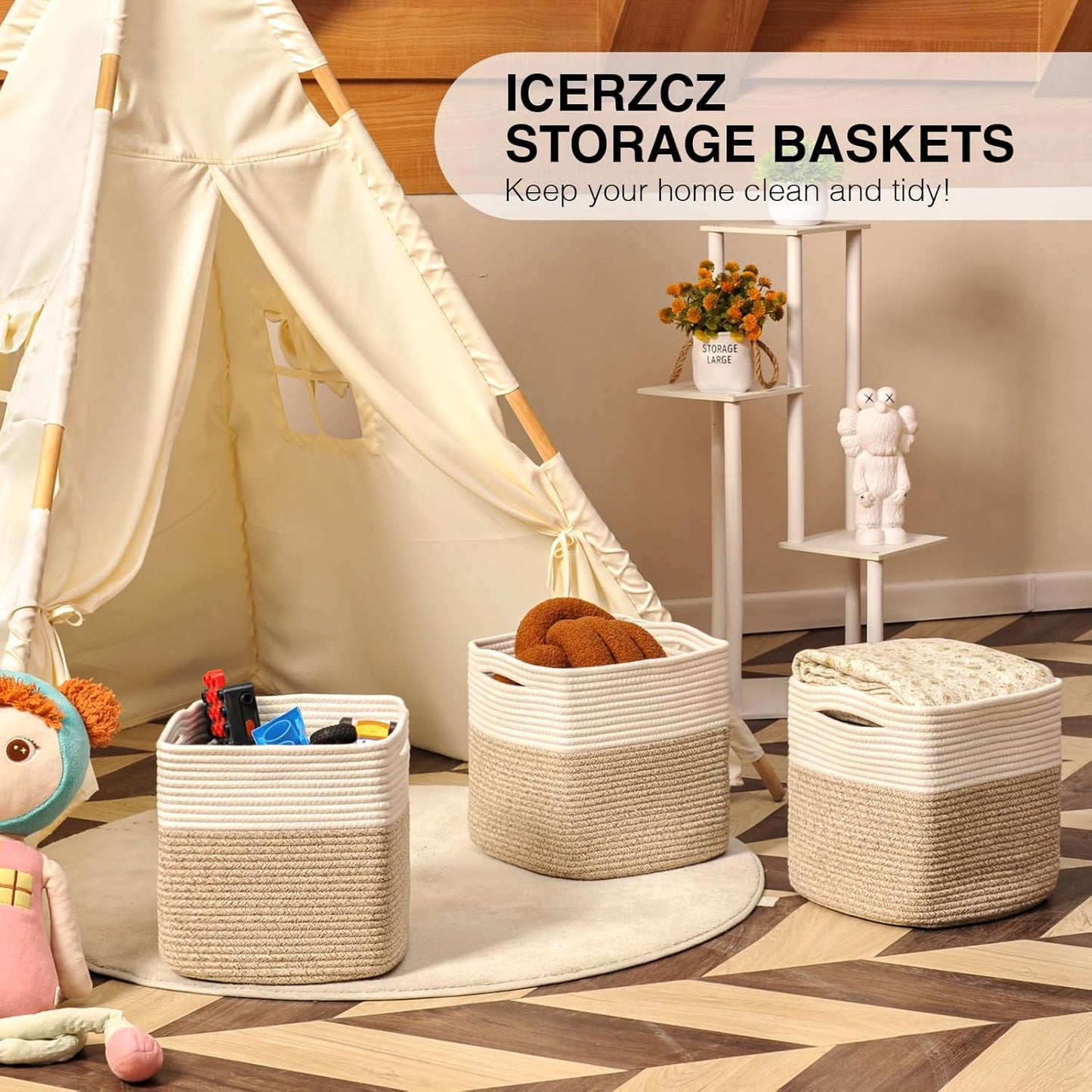 11 Inch Cube Storage Bins, Organizer Woven Cotton Rope Square Baskets for Organizing Shelves, Toys, Nursery, Off White & Brown (Pack of 3)