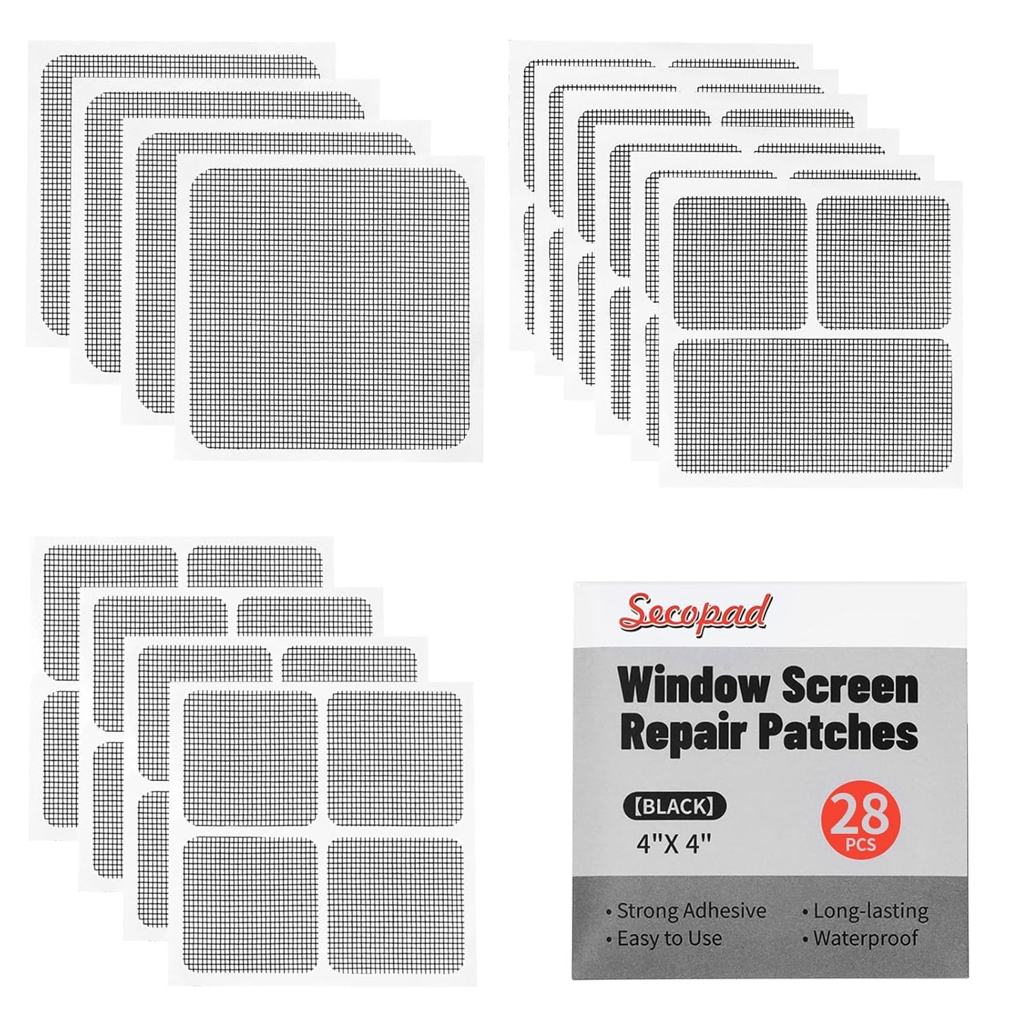 28 Sheets Window Screen Patches Repair Kit, Black 3 Sizes Window Screen Repair Kit for Mesh Screen Door, Strong Adhesive Fiberglass Quick Screen Repair Tape