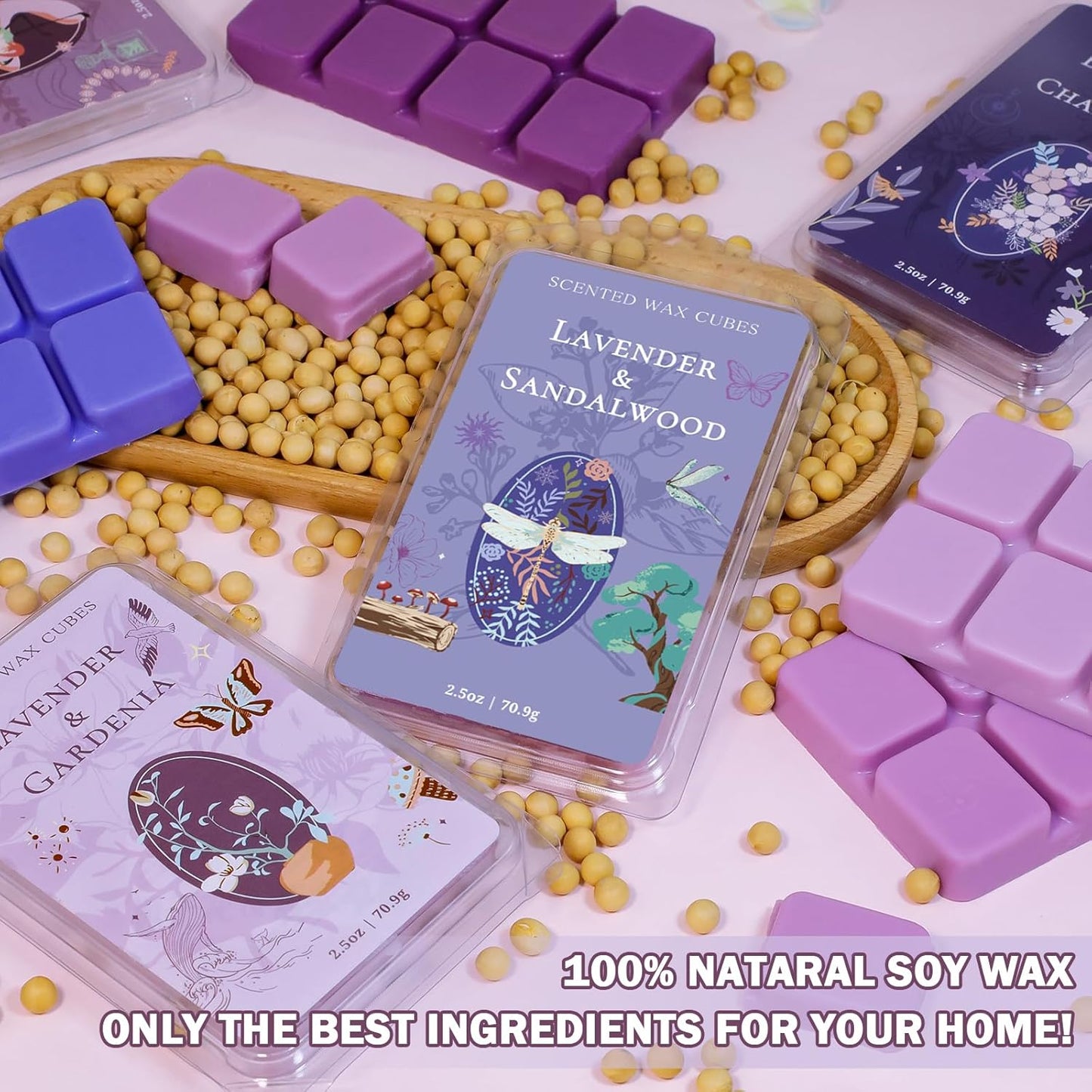 SCENTORINI Wax Melts, Wax Cubes Strong Scent, Long Lasting Lavender Scented for Sleep, Wax Melts for Warmer, 2.5 oz 4-Pack - Lavender & Gardenia, Sage, Chamomile, Sandalwood