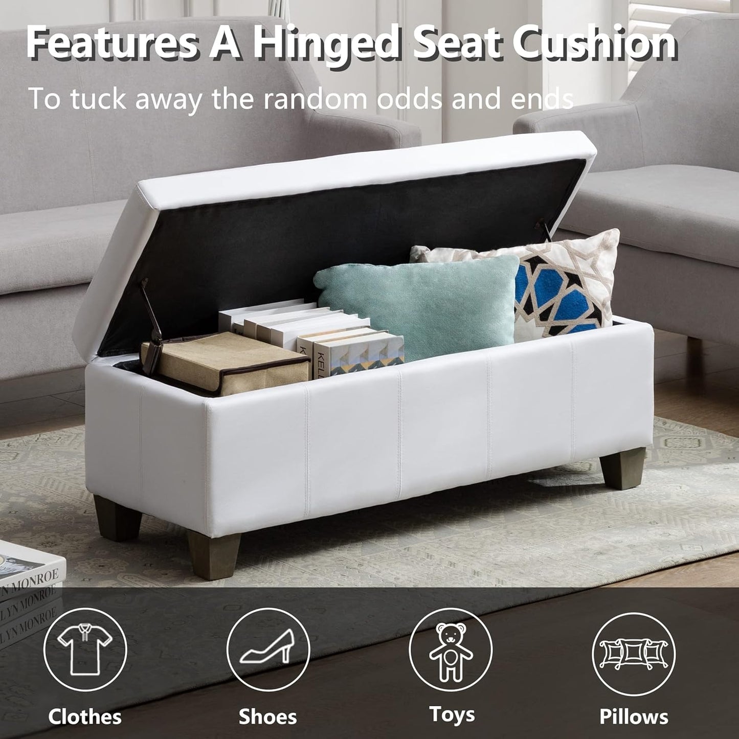 White Faux Leather Ottoman with Storage, Rectangular Extra Long Storage Bench for Bedroom and Living Room