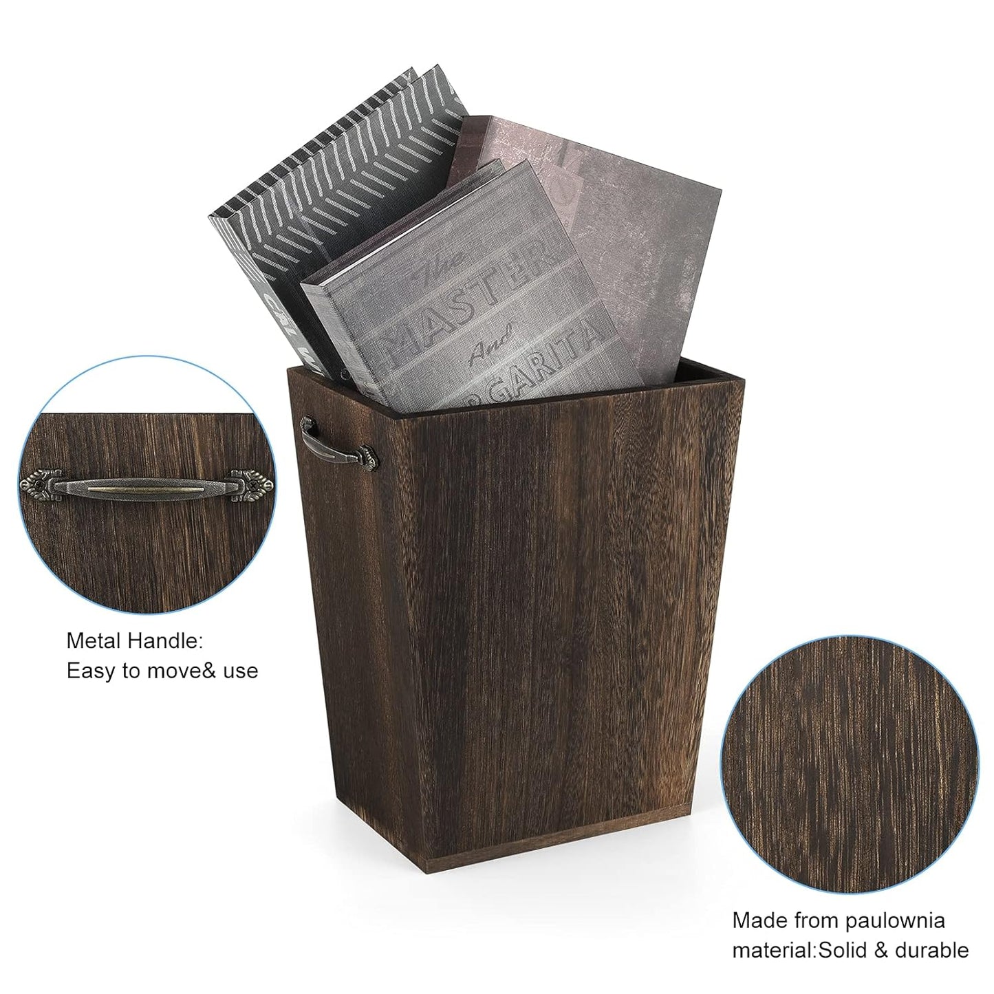 Trash Can Wastebasket Wood Garbage Container Bin with Built-in Double Metal Handles for Office, Bedroom, and Bathroom, Dark Brown