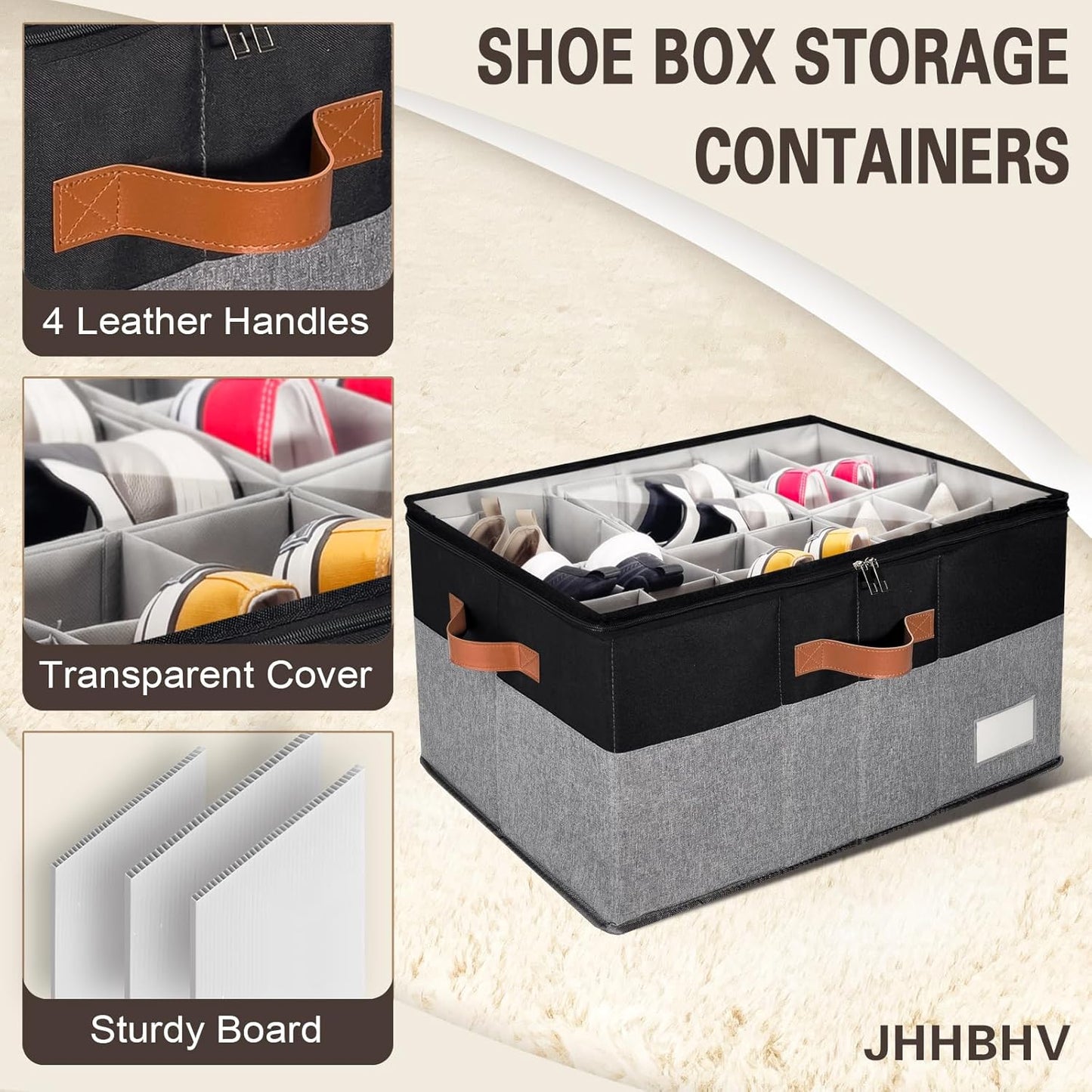 1 Pack Shoe Organizer for Closet, Adjustable Shoe Box Storage Containers, Large Foldable Shoe Bins with Clear Cover, Space Saving Shoes Holder with 4 Handles, Fits 12-24 Pairs, Black