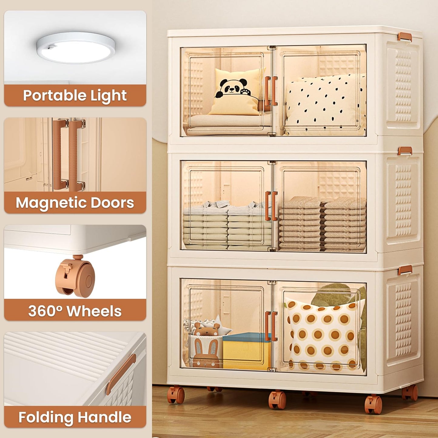 568QT/141Gal 3 Layer Stackable Storage Bins with Lid & Doors - Sensor Lights, Collapsible Storage Bin with 6 Wheels, Plastic Foldable Organizer for Home, Office Use