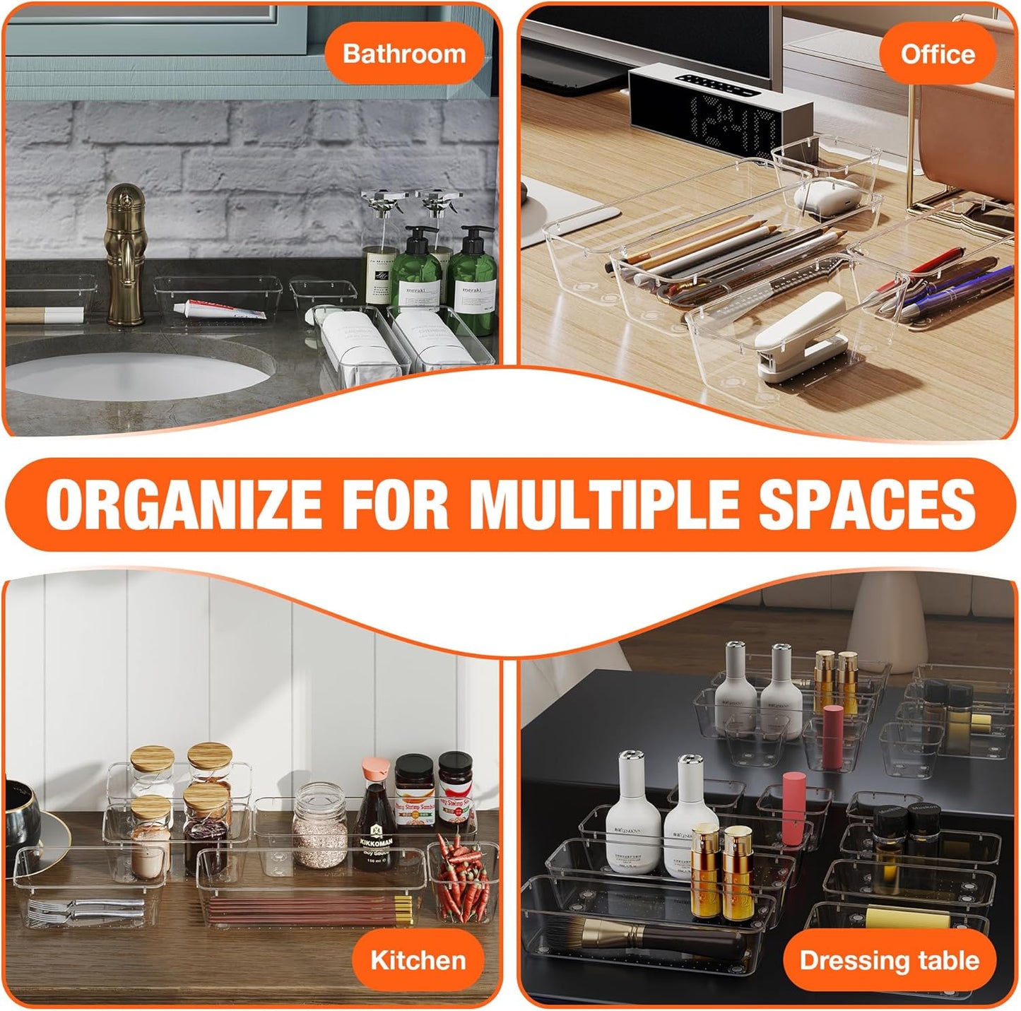 ValueMax 9 PCS Clear Plastic Drawer Organizers Set with Non-Slip Pads, 3 Sizes Desk Drawer Organizer for Vanity, Kitchen, Bathroom and Office