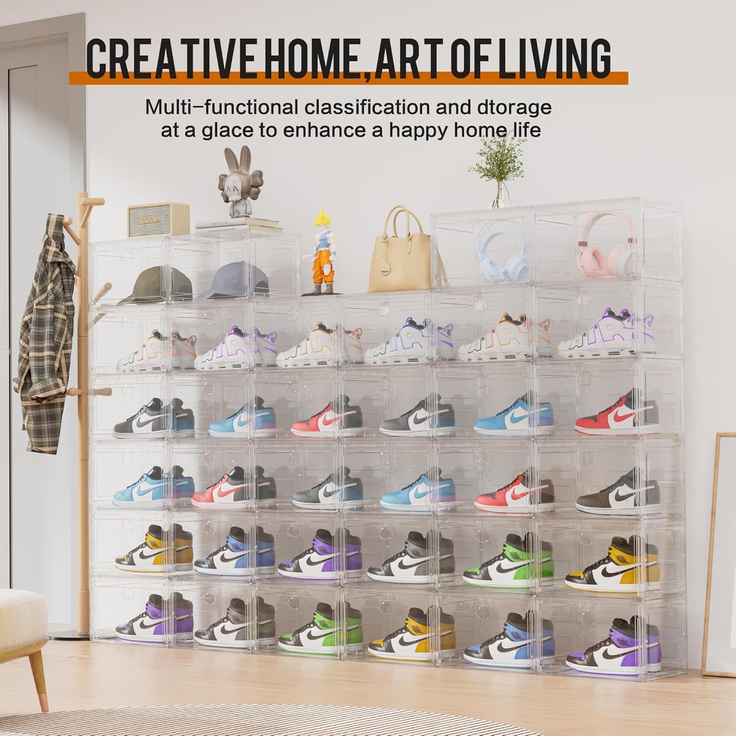 KEFA XL Shoe Storage Box Organizer, 8 Pack Shoe Boxes Clear Plastic Stackable, Sneaker Display Case Container Fit for US 13 (Side 8 PACK CLEAR)