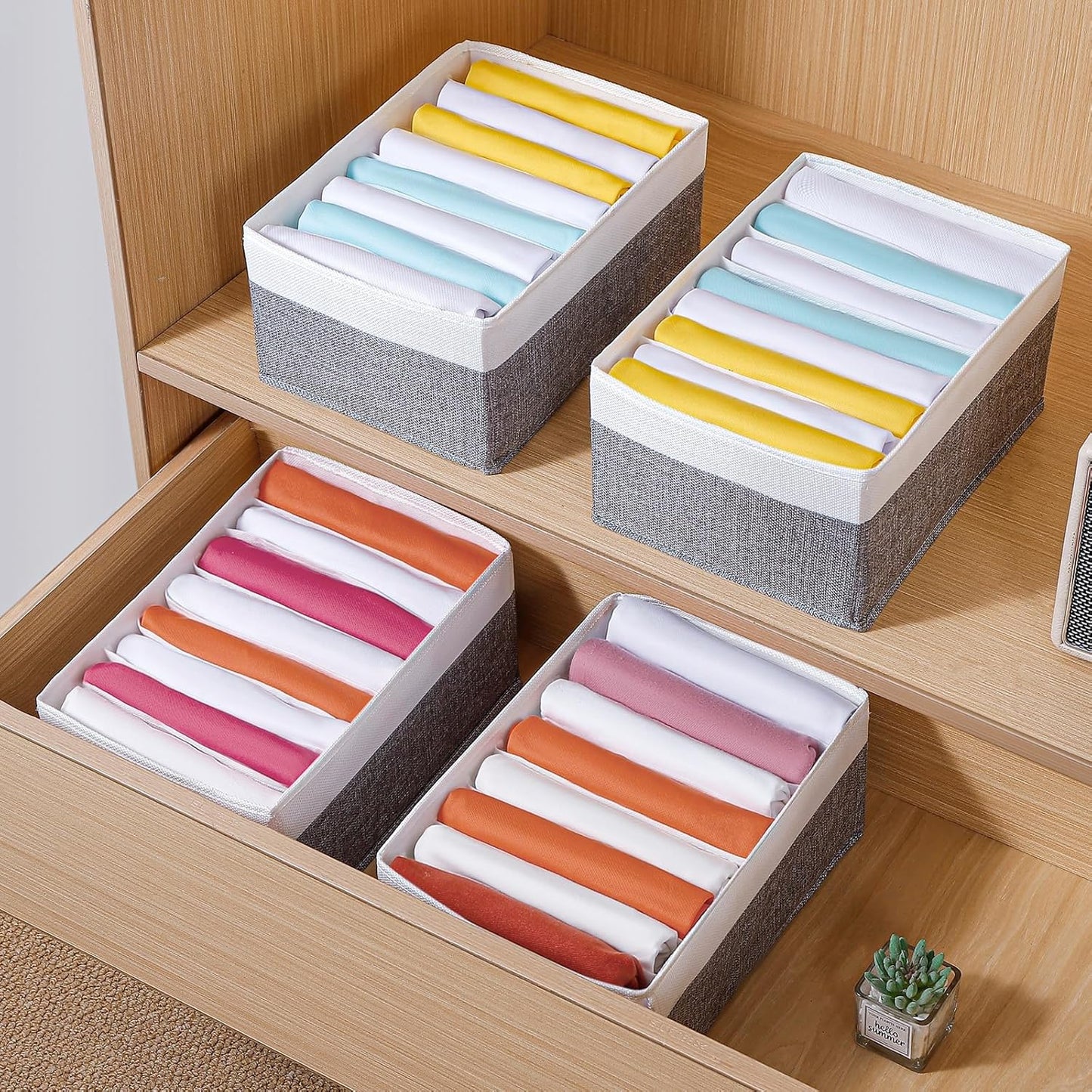 4 Packs T-shirt Drawer Organizers for Clothing,8 Grids Compartment Wardrobe Storage Box, Washable Clothes Organizer for Legging,Silk Scarve-12.59''x9.05''x5.9-GreyWhite