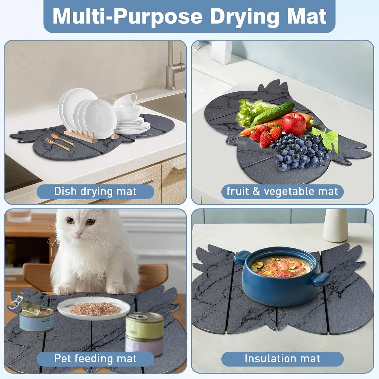 Large Stone Dish Drying Mat for Kitchen Counter,24"(L)×16"(W) Quick Dry Absorbent Diatomaceous Earth Dish Drying Mats,Owl Shape Design Drying Pads for Cups Dishes Bottles (DarkGray)