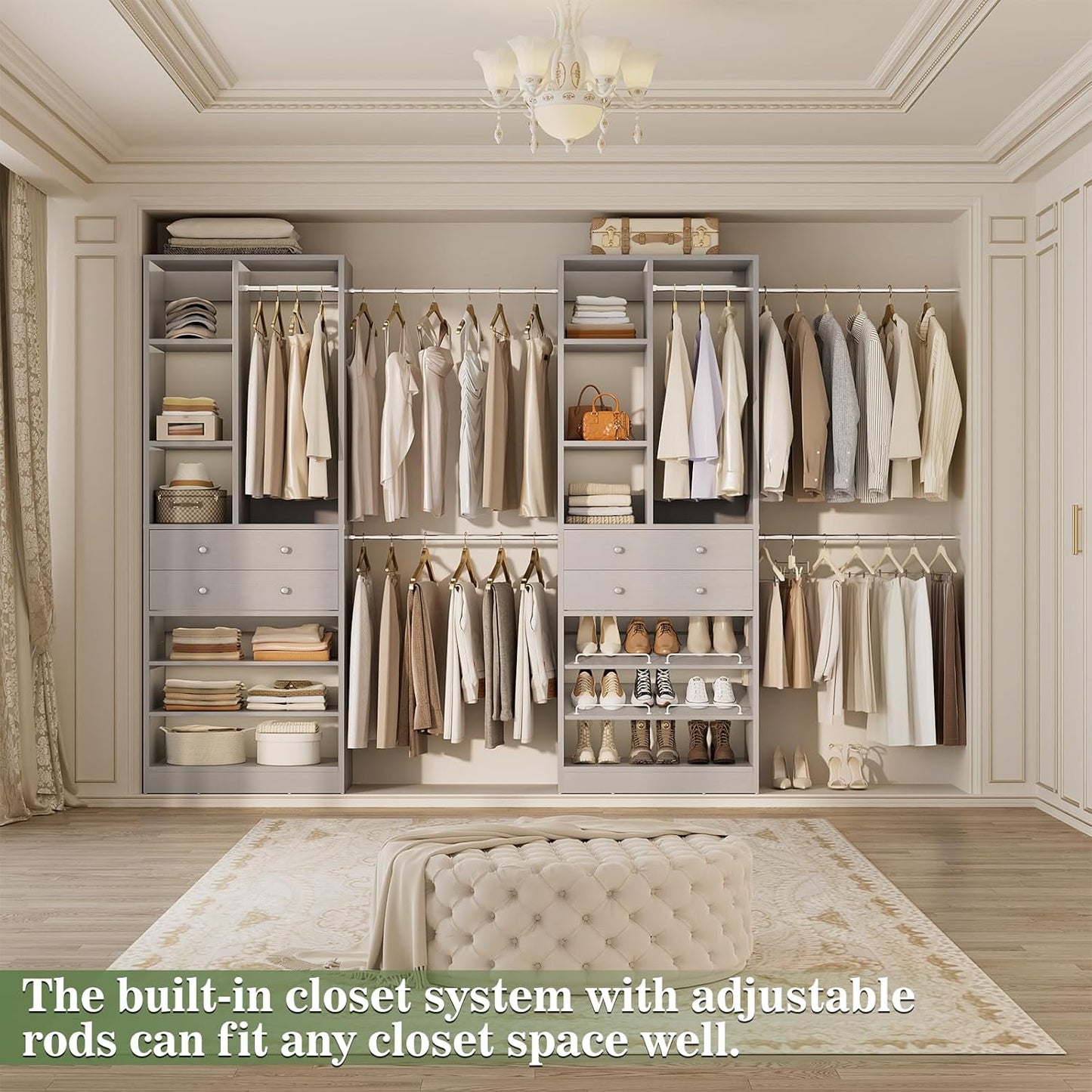 Closet System, Up to 134"/11.2 FT Closet Organizer with 4 Wooden Drawers and Shelves, Walk-in Closet System with 6 Hanging Rods, Built-in Closet Can Fit 96"/8FT, 120"/10FT, Morandi Grey