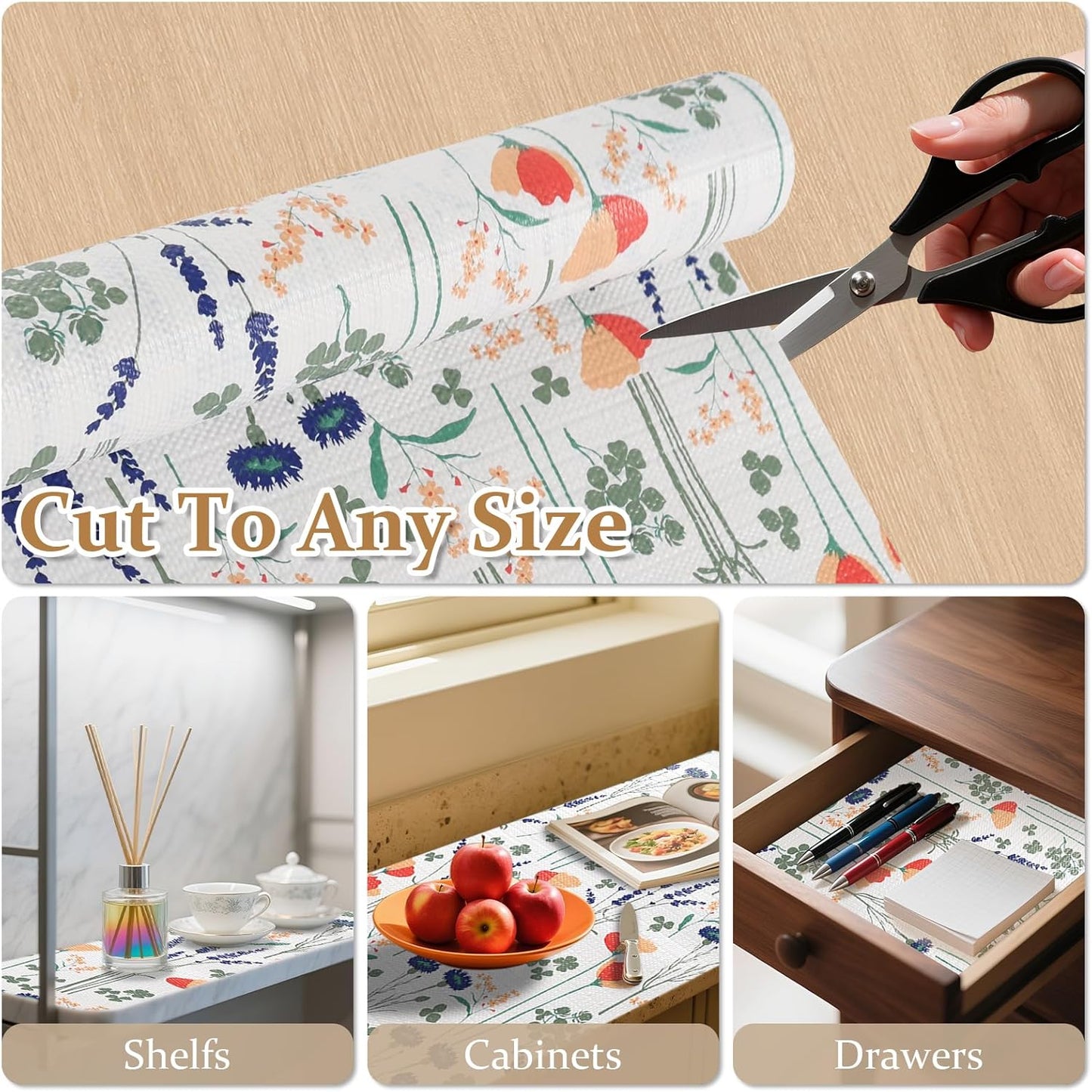 FINNEZ Shelf and Drawer Liner 12in x 30FT with Cutting Tool, Non Slip Non Adhesive Drawer Liners for Kitchen Cabinets, Waterproof Floral Cabinet Liner for Shelves, Refrigerator