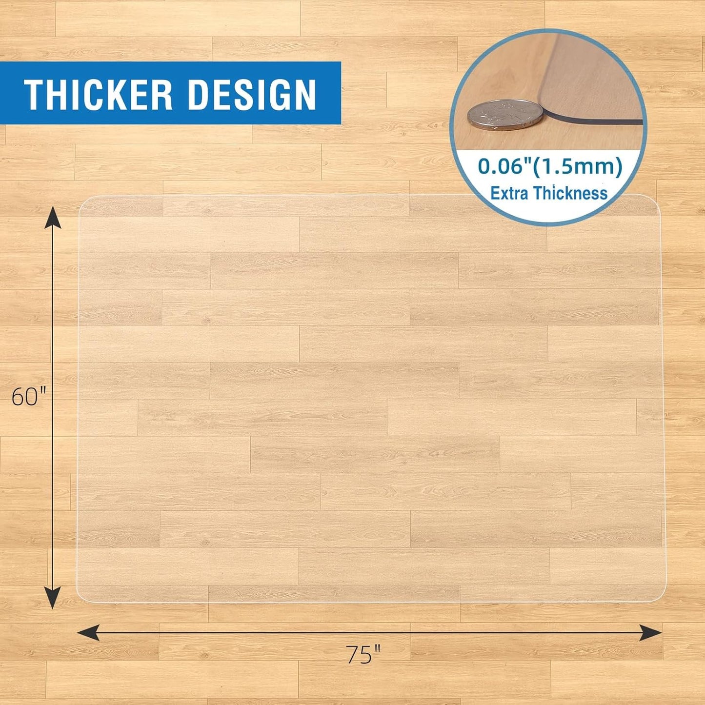 Clear Chair Mat, 75" x 60" Large Chair Mat for Hard Floors, Easy Glide Desk Mat for Rolling Chair, Anti-Slip Vinyl Floor Mat for Home Office Living Room, Clear