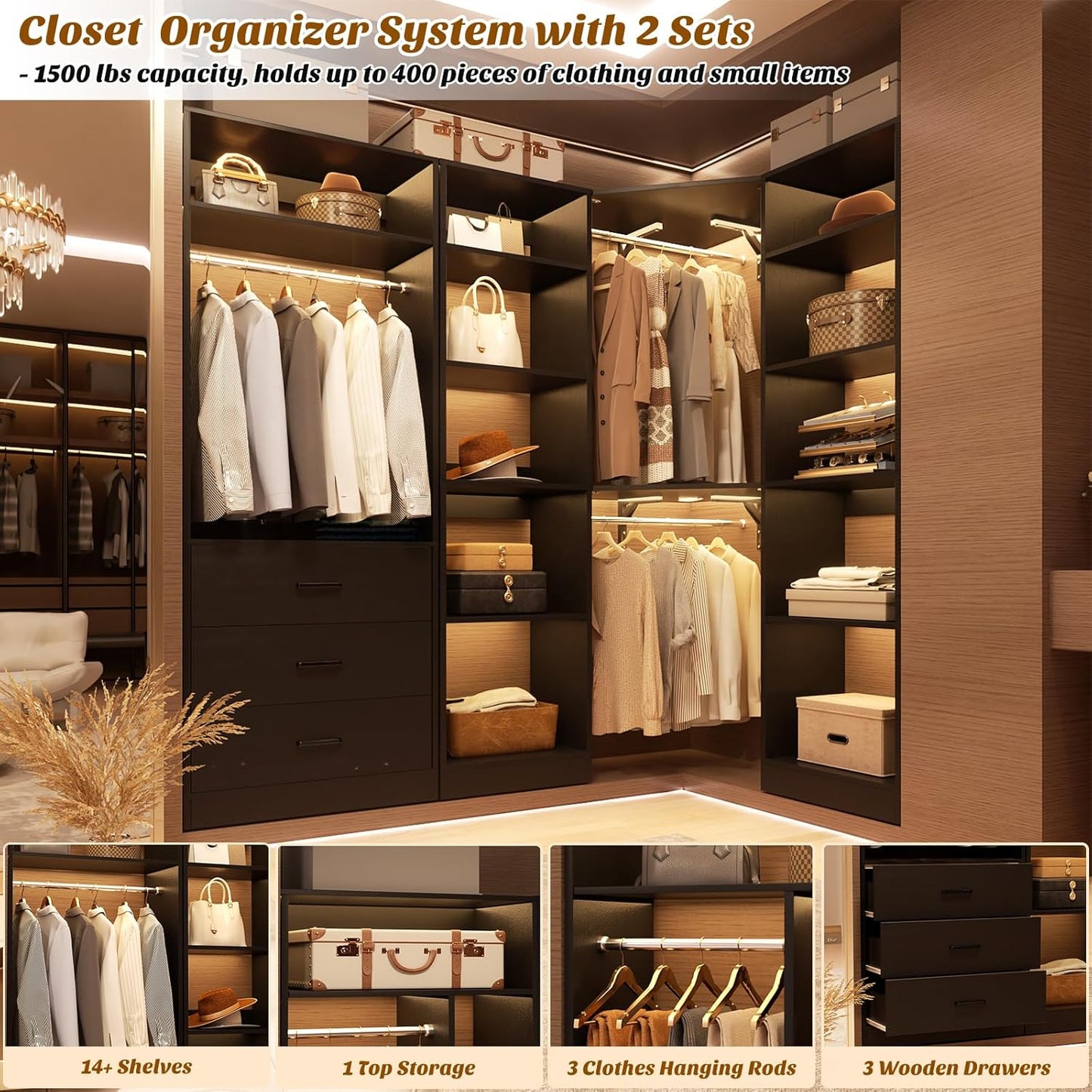 Corner Closet System with 3 Drawers, Corner Closet Organizer System with 13 Shelves & 3 Hanging Rods, 63.2"L * 39.2"W Reversible L Shaped Walk-in Closets, Load 2000+LBS, Black