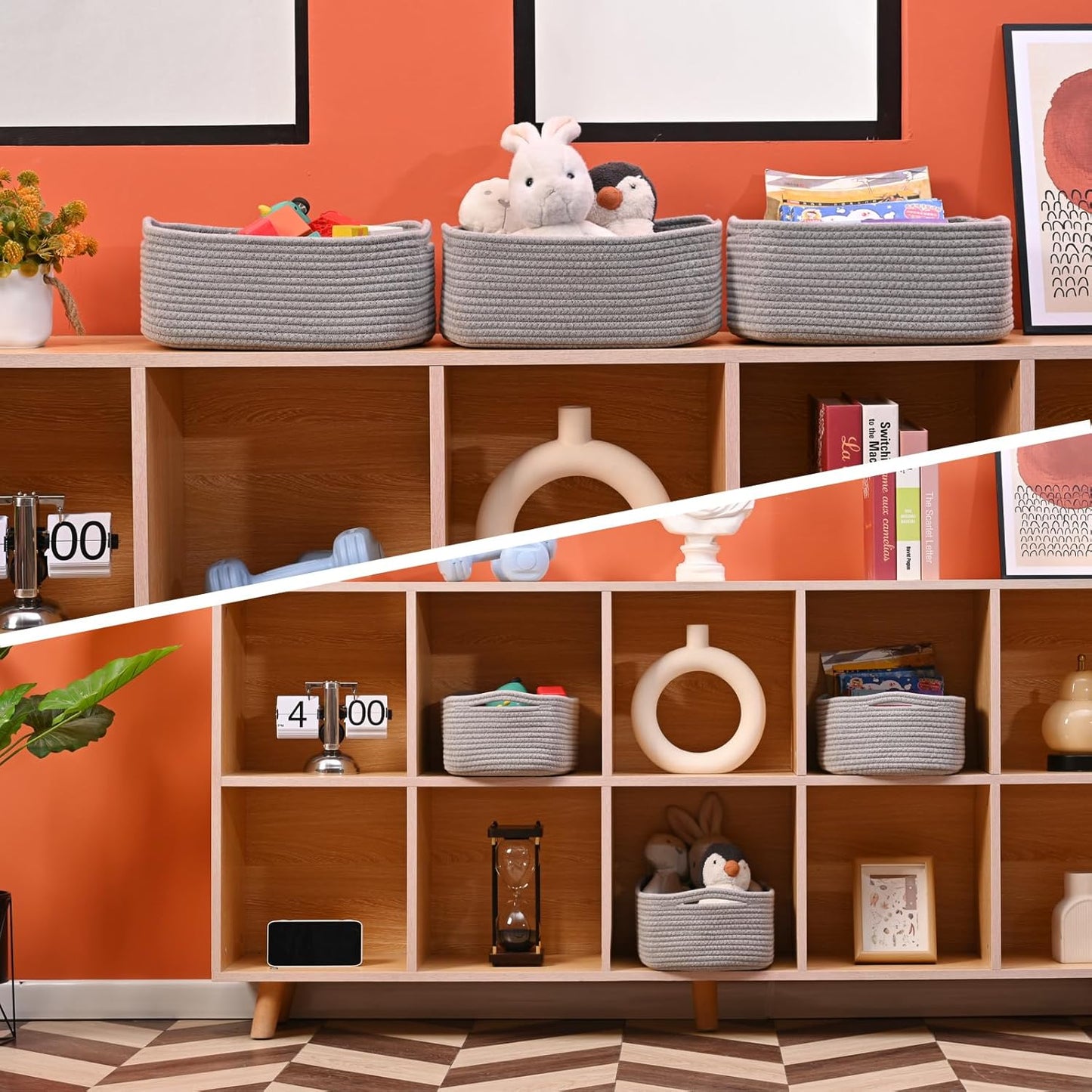 Small Grey Baskets for Organizing, Gray Storage Basket for Shelves, Woven Baskets for Storage, Small Organizer Basket for Décor Gifts, 13"×8.5"×5.1" (3 Packs) Grey