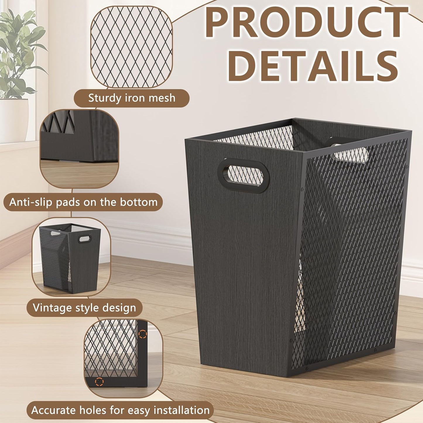 Piskyet Black Office Trash Can for Near Desk,4.5 Gallon Unique Wood Bedroom Garbage Can,Vintage Wastebasket with Handle, Decorative Trash Can for Home Office,2pack 10.8" L x 7.8" W x 11.8" H