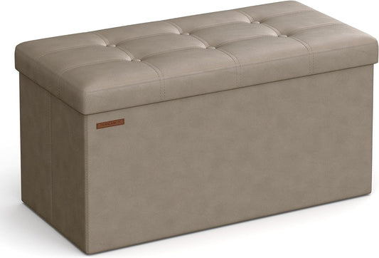 SONGMICS Mazie Collection - 30 Inches Folding Storage Ottoman Bench, Ottoman with Storage, Foot Rest Stool, Load 660 lb, for Living Room, Synthetic Leather, Camel Brown ULSF040R01