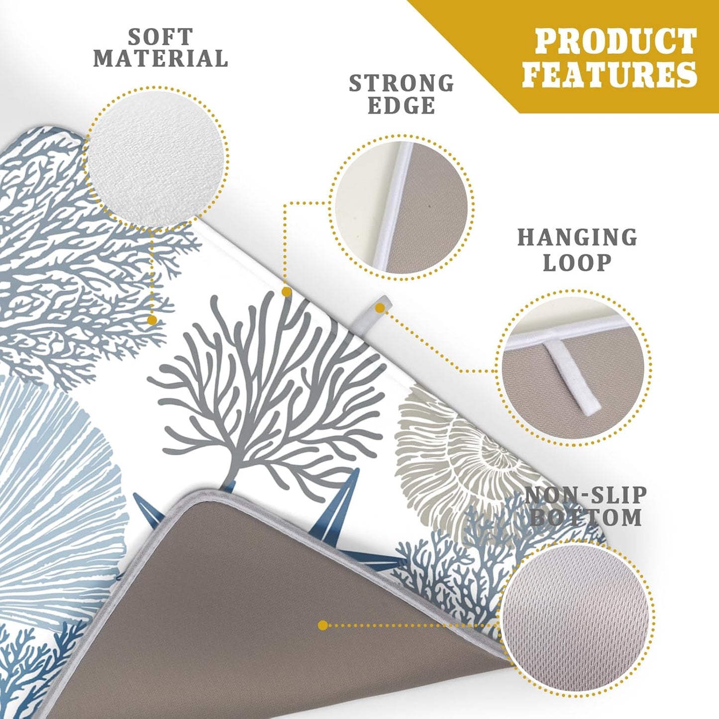 Blue Coral Dish Drying Mat 18x24 Inch Absorbent Reversible Summer Beach Drying Mat Nautical Coastal Starfish Dish Drying Rack Mat Ocean Themed Dish Drainer Mat for Kitchen Counter Coffee Bar