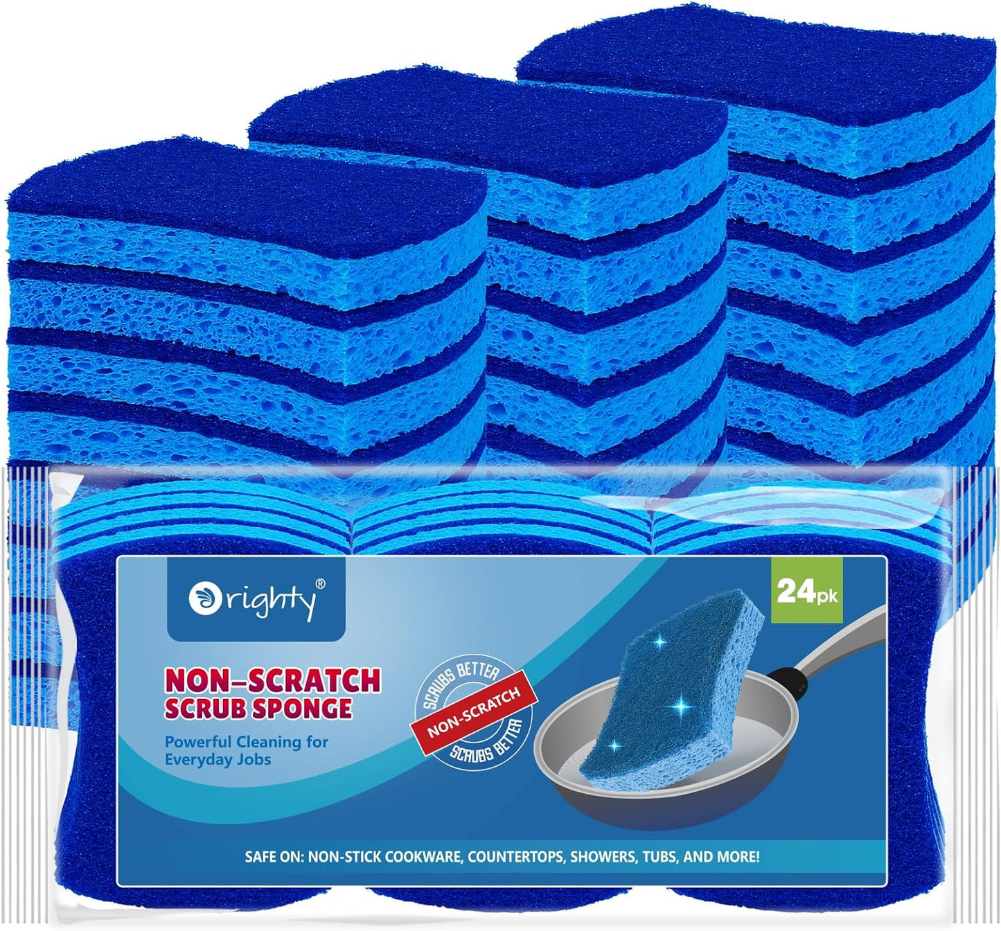 Orighty Non-Scratch Cellulose Scrub Sponges 24 Pack, Kitchen Sponges for Kitchen, Bathroom, and Household, Dual Side Sponge for Dishes, Non-Scratch Sponge Safe on Non-Stick Cookware, Car and More