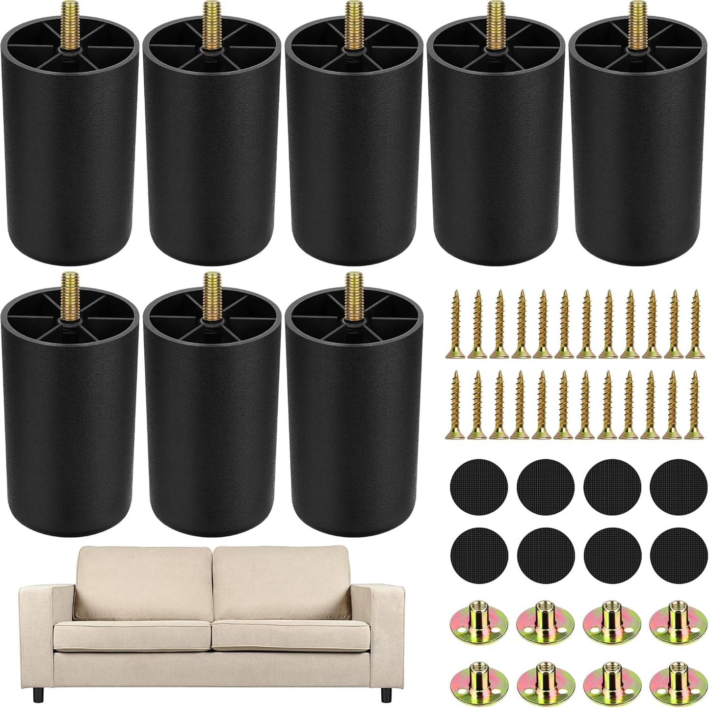 TURSTIN 8 Pack 3 Inch Plastic Furniture Legs with M8 T-Nuts Screws Tapered Sofa Couch and Chair Legs Replacement Furniture Legs for DIY Projects Sofas Coffee Tables Dressers Beds