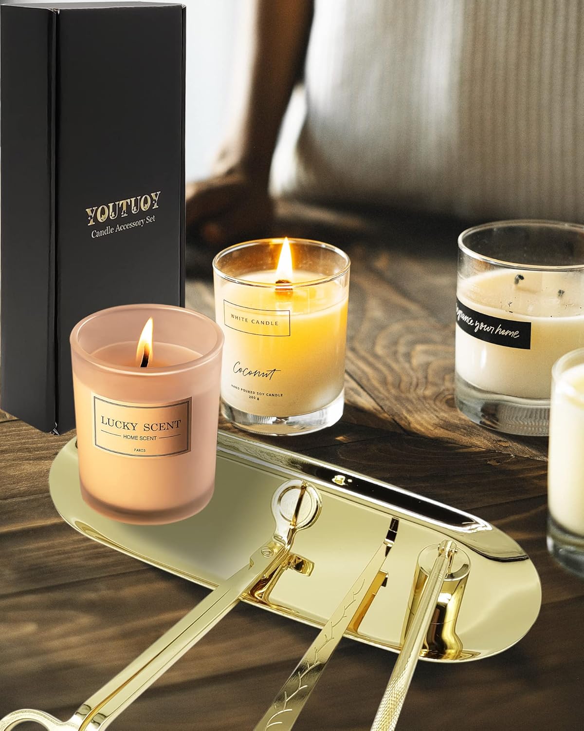 4 in1 Candle Accessory Set with Storage Tray Plate, Candle Wick Trimmer, Candle Wick Snuffer, Candle Wick Dipper, Great for Scented Candles Lovers (Gold)