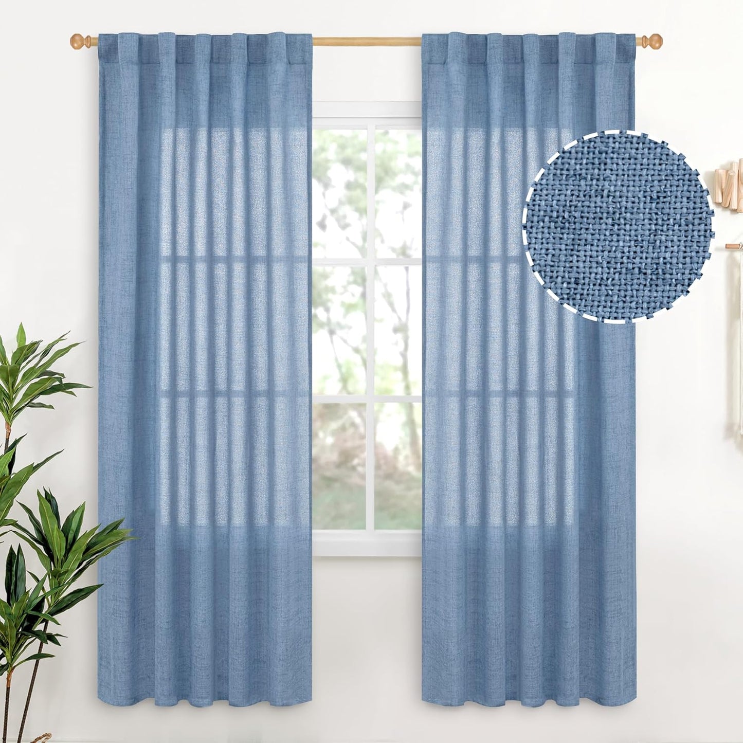 YoungsTex Denim Blue Curtains 72 Inches Long for Living Room Window, Linen Semi Sheer Drapes Light Filtering with Back Tab Rod Pocket Privacy Lightweight for Bedroom Office, 2 Panels, 42 x 72 Inch