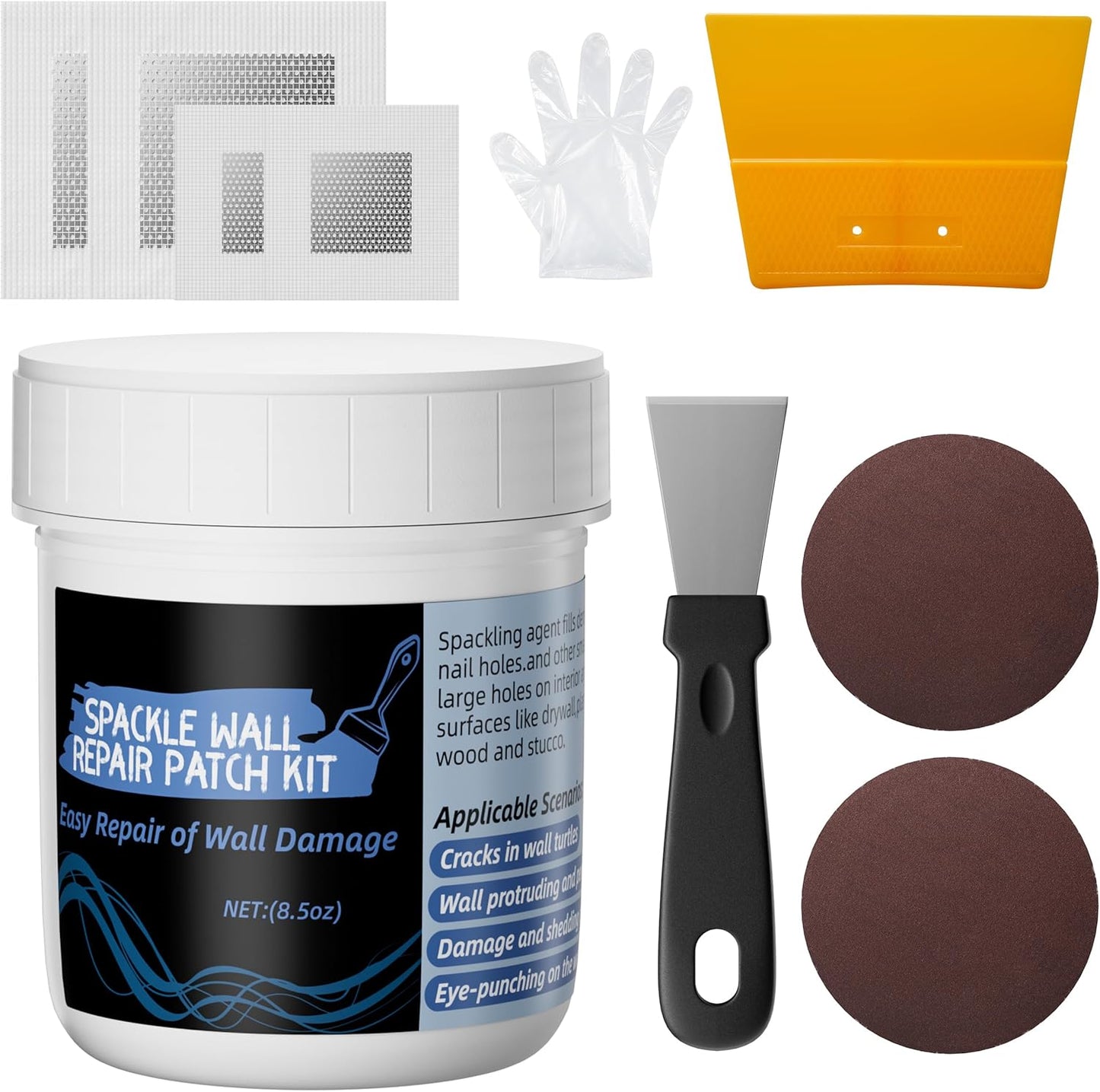 Oriflame Drywall Repair Kit: 8.5 Ounce Spackle Wall Repair with Patch/Scraper/Sandpaper/Gloves - White Wall Putty for Nail Holes/Cracks/Dents/Stains/Peeled Wall