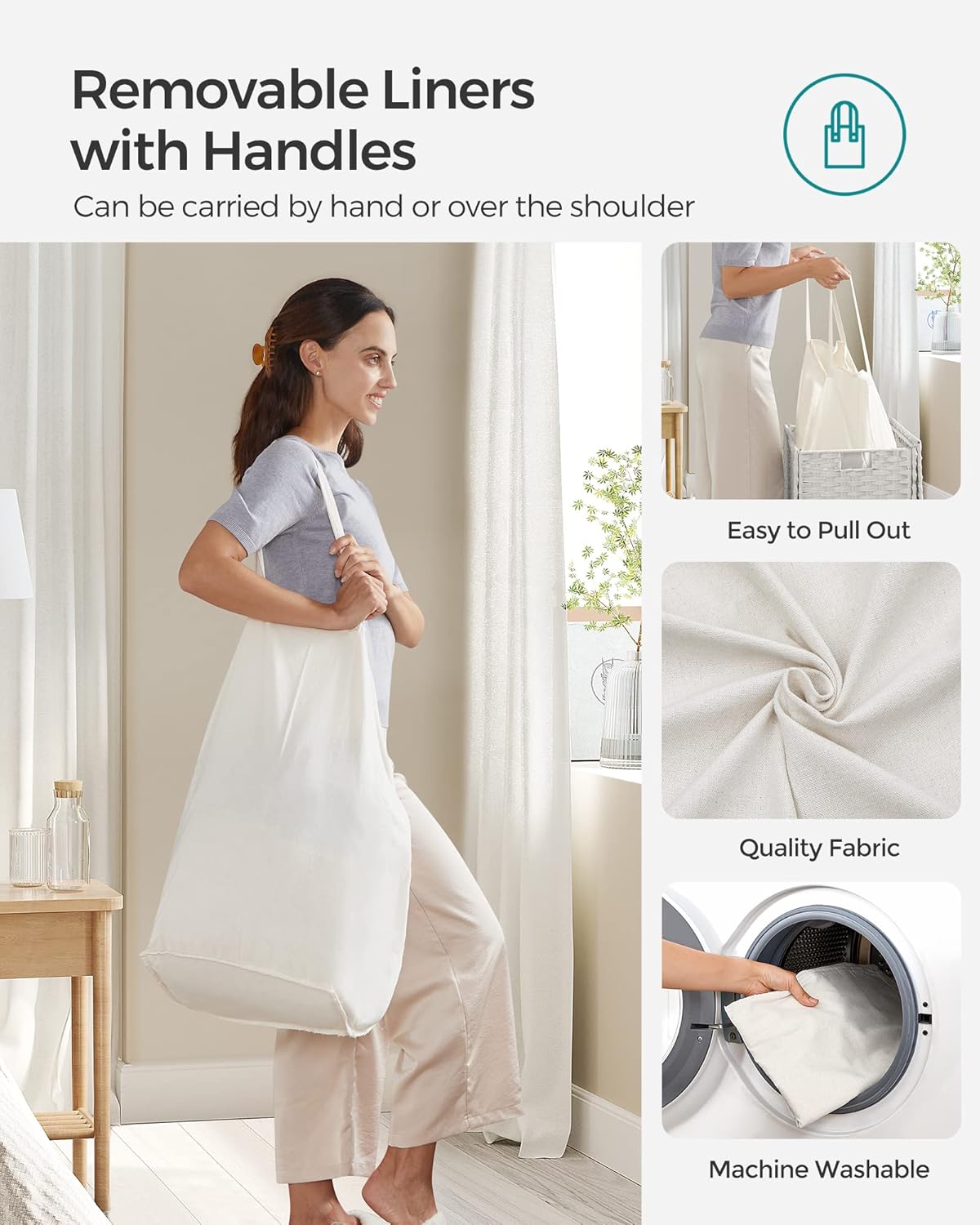 SONGMICS Laundry Hamper with Lid, 110L Clothes Hamper with 2 Removable Liner Bags, 6 Mesh Bags, Wicker Laundry Basket, Double Laundry Hamper for Laundry Room, 13 x 22.4 x 23.6 Inches, White ULCB52WT