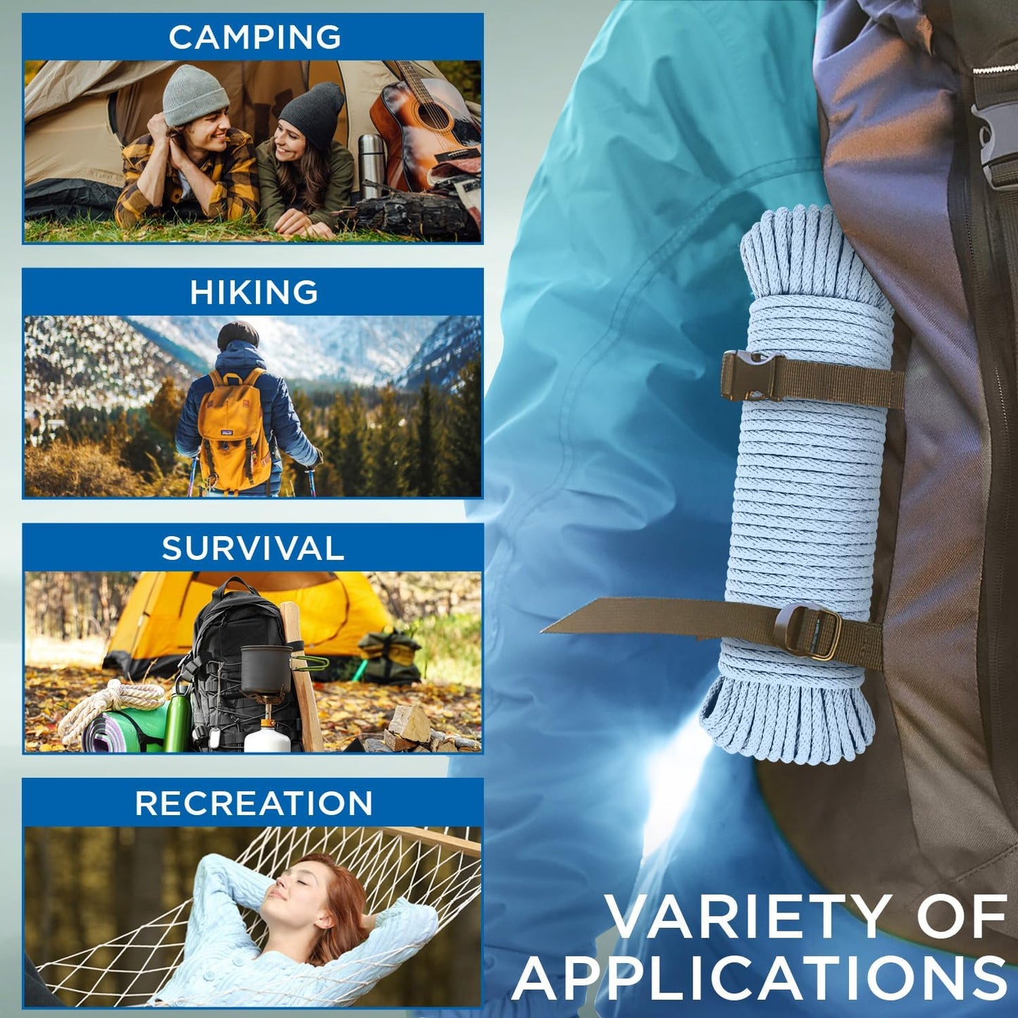 TECEUM Cotton Rope 3/16” (5 mm) – 100 FT – Strong All-Purpose Braided Rope – Natural Cotton – for Crafting, Сamping, Clothes Line, DIY, Indoor & Outdoor Use – Baby Blue