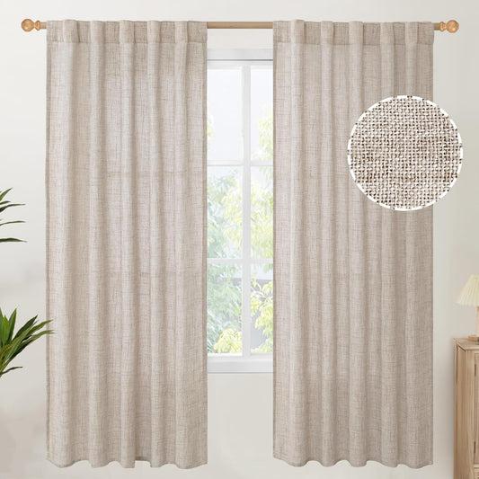 YoungsTex Natural Linen Semi Sheer Curtains 72 Inch Length 2 Panels for Living Room, Light Filtering Drapes Textured with Rod Pocket Back Tab for Bedroom Country Farmhouse, 42 X 72 Inch