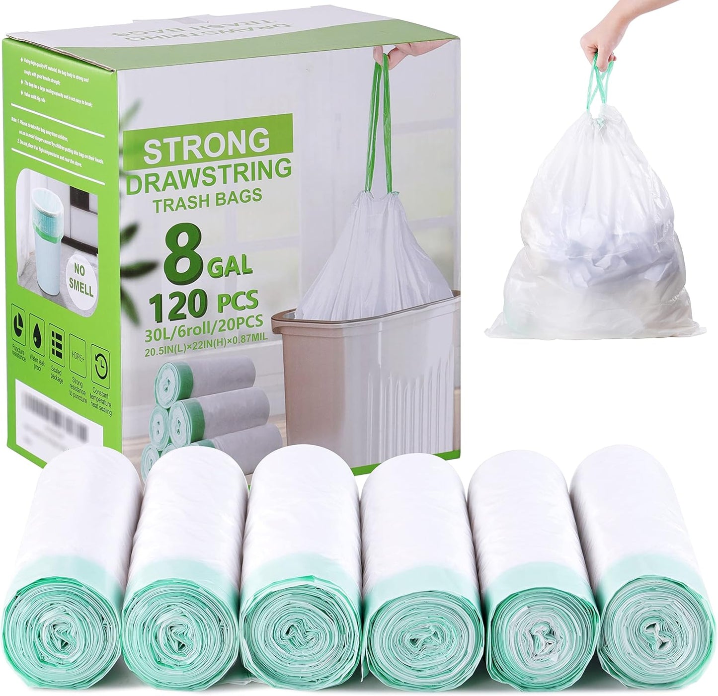 8 Gallon Trash Bag 120 Count, Unscented Strong Drawstring Garbage Bag Fit 30 Litter Trash Can, for Kitchen, Bathroom, Bedroom, Office ( Green )