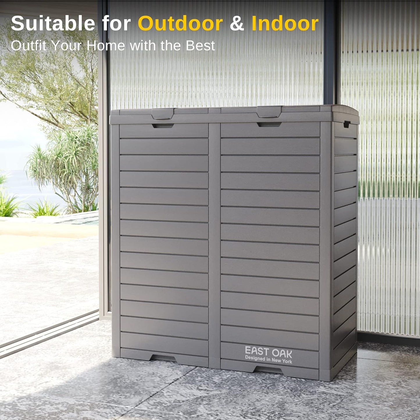 EAST OAK 76 Gallon Outdoor Trash Can | Waterproof Resin Garbage Can with Tiered Lid & Drip Tray | Outside Trash Bin for Patio | Kitchen, Backyard & Deck | Gray Color