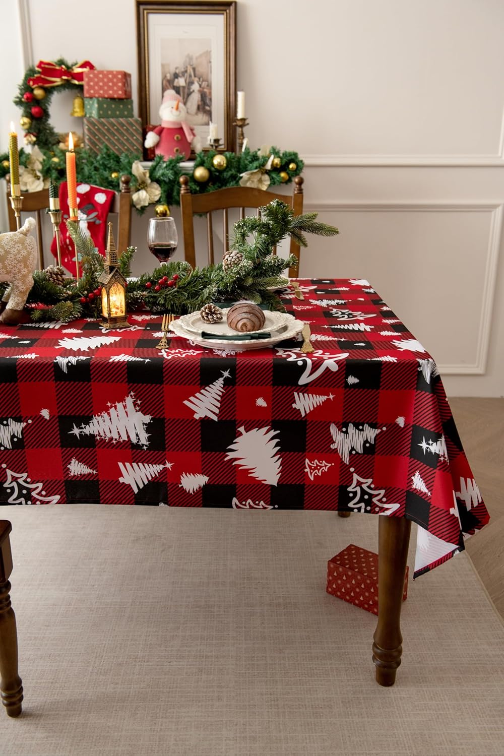Waterproof Checkered Tablecloth Fabric - Rectangle 58x84 Inch Christmas Tree Table Cloth for Indoor/Outdoor Use - Xmas Table Cover for Kitchen, BBQs, and Parties