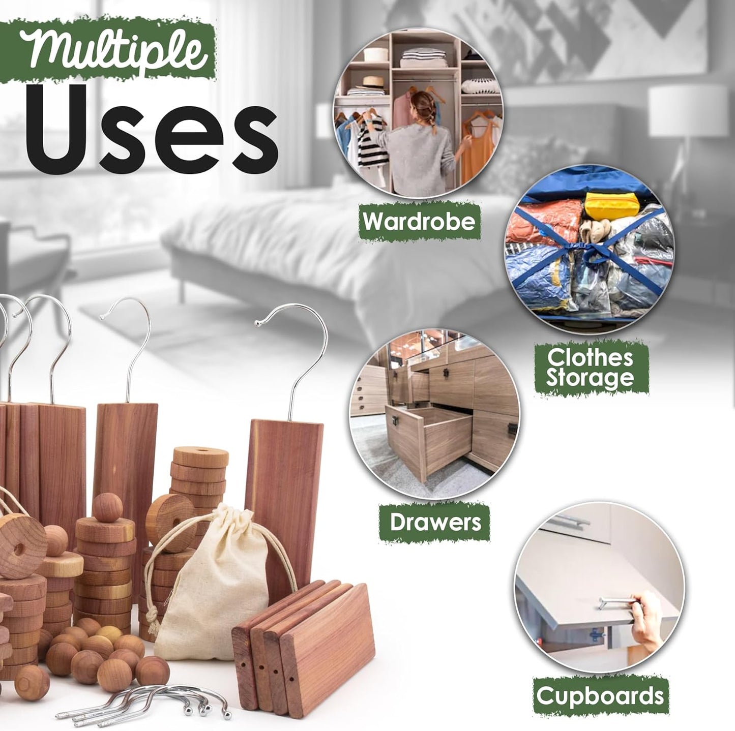 ecoKiwi Cedar Blocks for Clothes Storage Super Bundle Box - Cedar Hangers x10, Balls x30 & Rings x28-100% Natural Oil Planks & Chips for Closets & Drawers - Aromatic Red Cedar Wood with Sandpaper