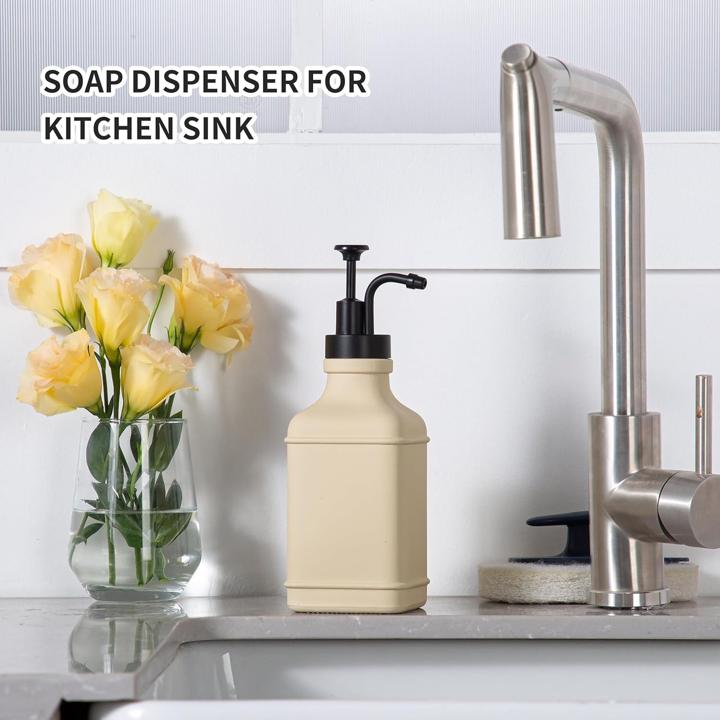 Enra Glass Soap Dispenser with Clear Window,12oz Matte Stainless Steel Hand Pump Dispenser,Hand and Liquid Soap Dispenser Rust Proof Countertop Lotion Bottle (Beige-Square-Liquid)