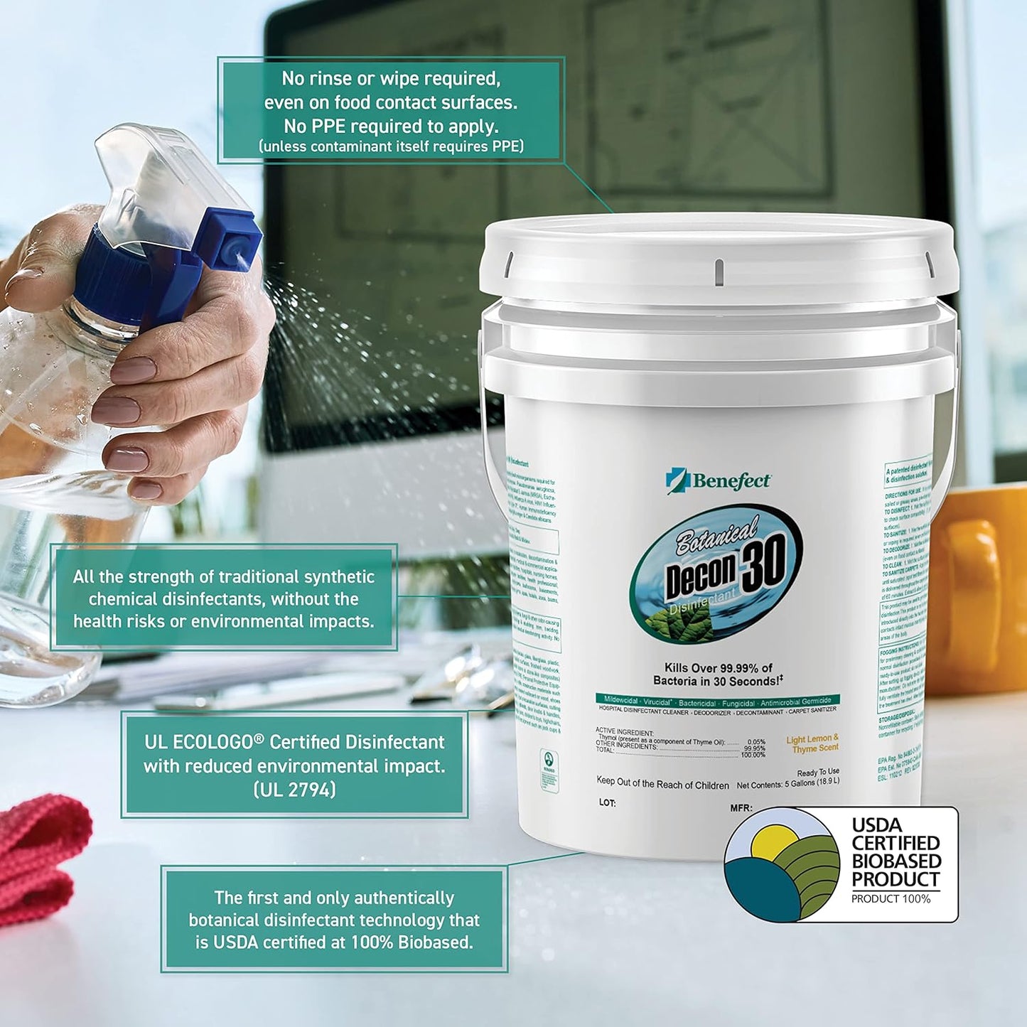 Benefect Botanical Decon 30 Disinfectant Cleaner, 5 Gallon, Light Lemon & Thyme Scent, Hospital Grade Disinfectant, Kills Over 99.99% of Germs, Safe for Food-Contact Surfaces