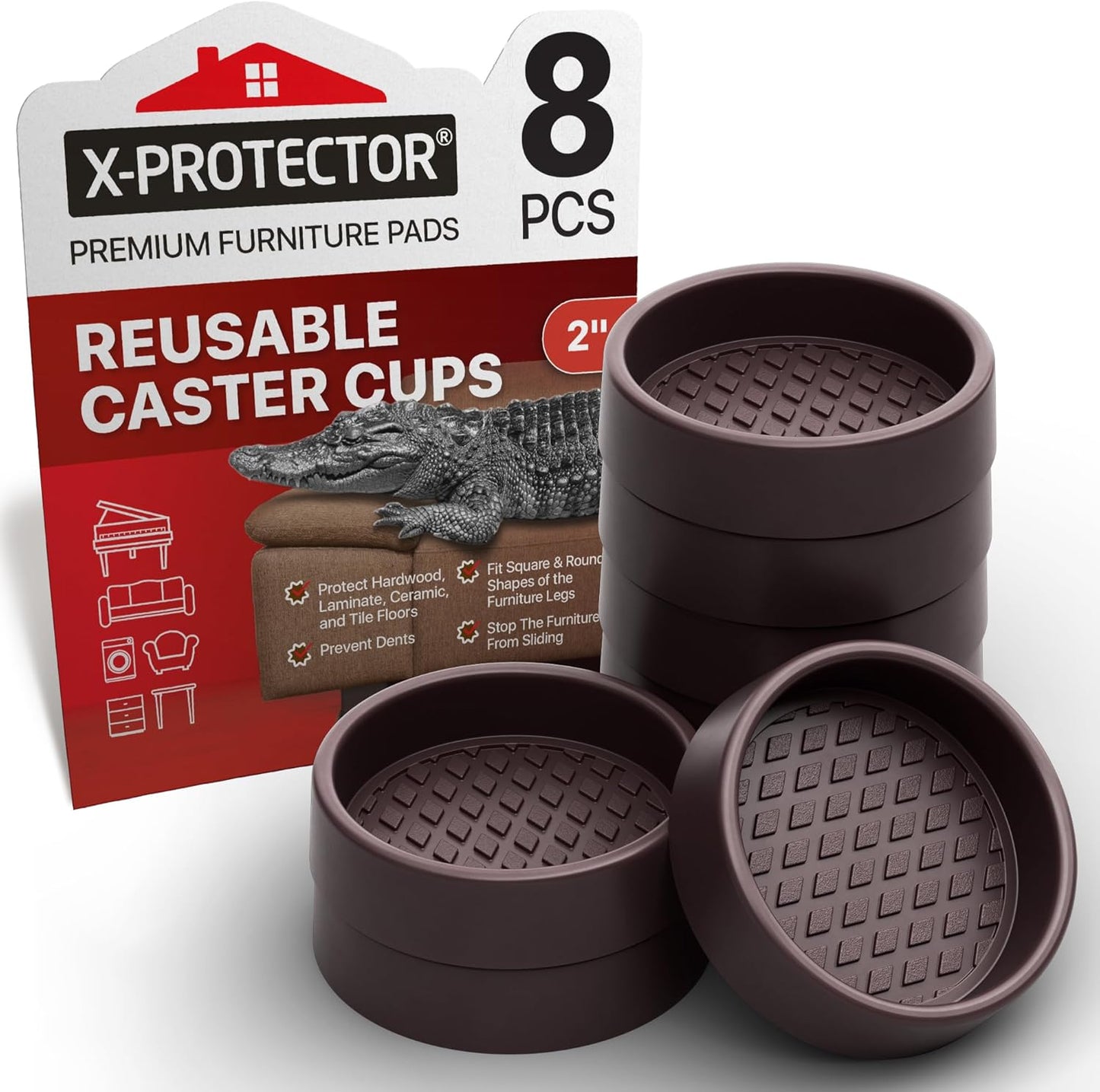 Furniture Cups X-PROTECTOR – 2" Caster Cups 8 PCS – Round Furniture Coasters – Ideal Bed Stoppers – Non Skid Furniture Pads with a Perfect Design – Rubber Furniture Pads - Protect Any Flooring!