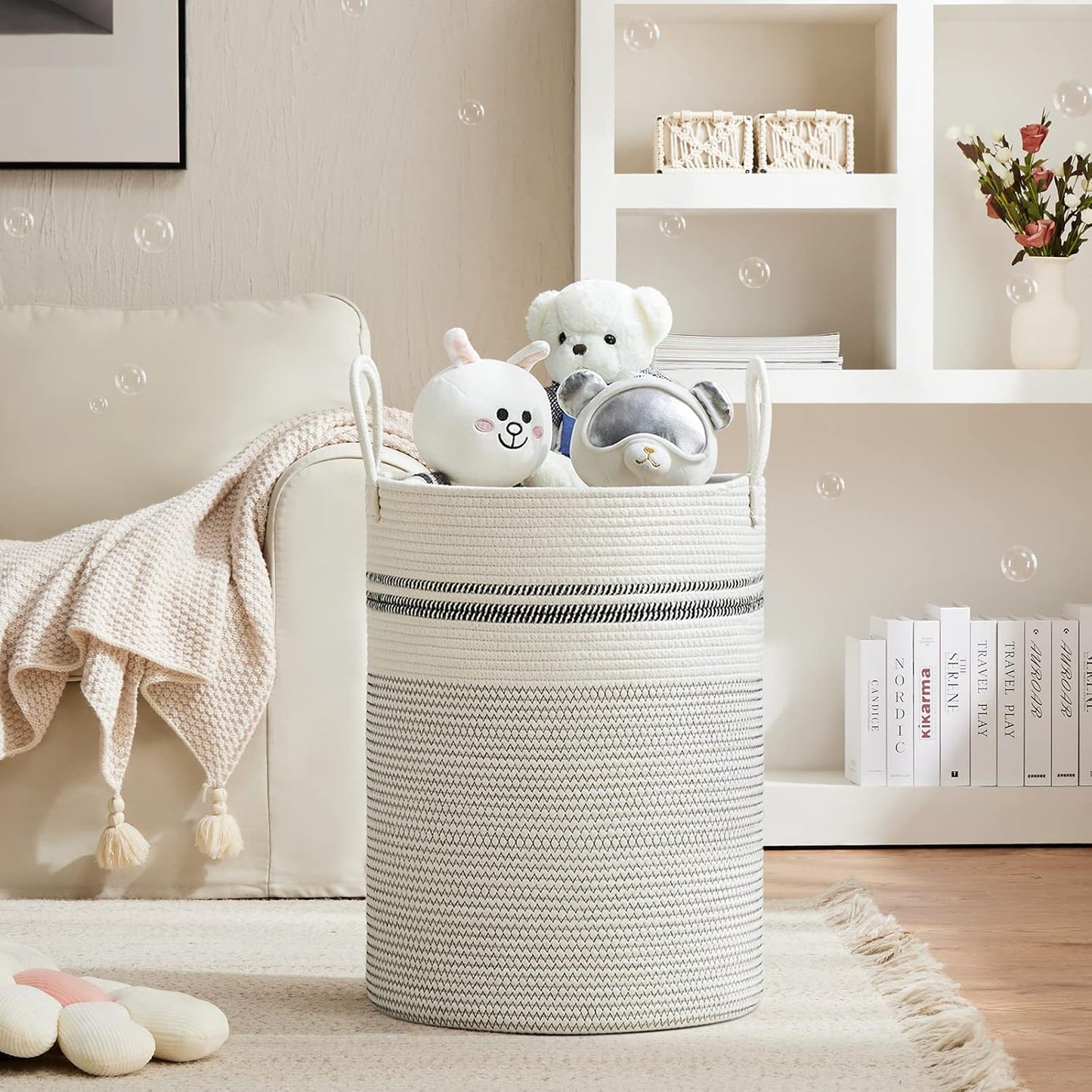 VIPOSCO Large Laundry Hamper, Tall Woven Rope Storage Basket for Blanket, Toys, Dirty Clothes in Living Room, Bathroom, Bedroom - 100L Stripe White