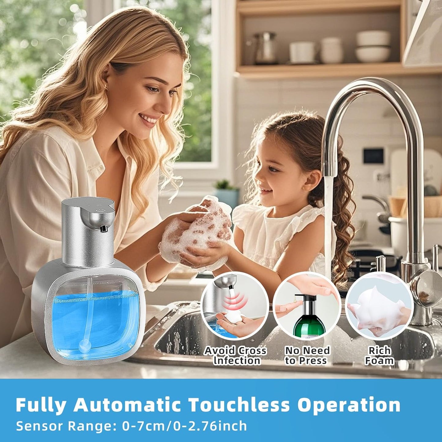 Automatic Foaming Soap Dispenser, 17oz/500ml Touchless Rechargeable with 4-Level Adjustable & IPX5 Waterproof - Level Display for Wall/Tabletop Use in Bathroom, Kitchen, Silver