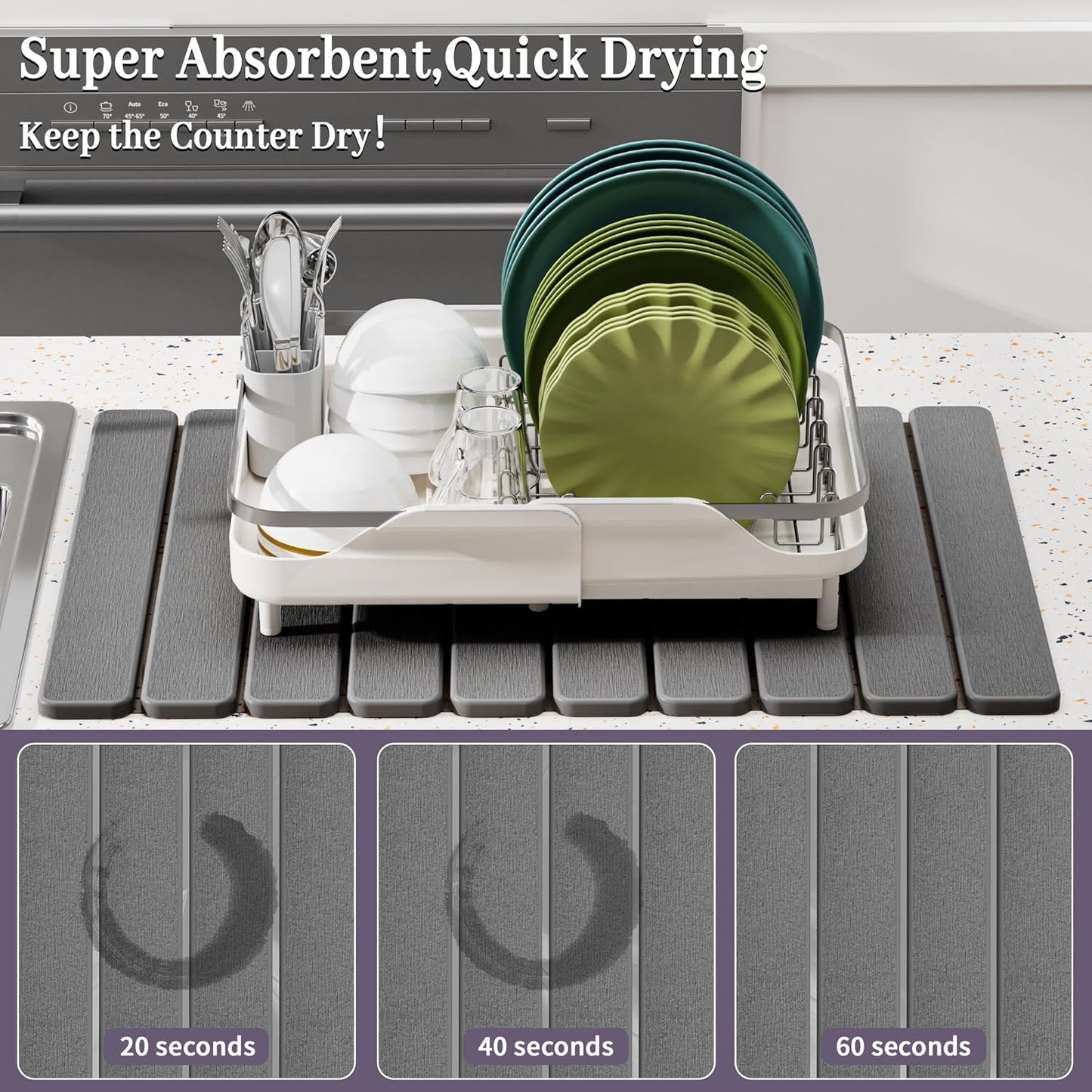 Large Stone Dish Drying Mats for Kitchen Counter – Foldable Quick Dry Stone Mat with Non-Slip Pad & Sandpaper, Super Absorbent Diatomaceous Earth Mat for Dishes and Cups(Dark Gray 23.5"x15.5")