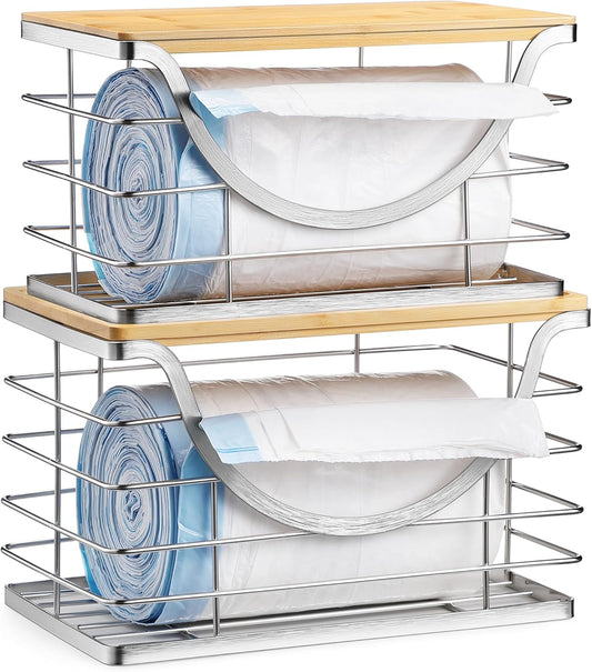 Extra Large Trash Bag Holder Stackable Kitchen Storage Slive, 2 Pack Wall Mounted Pantry Organizers and Storage with Bamboo Top, Garbage Bag Dispenser Under Sink for Laundry Room and Kitchen