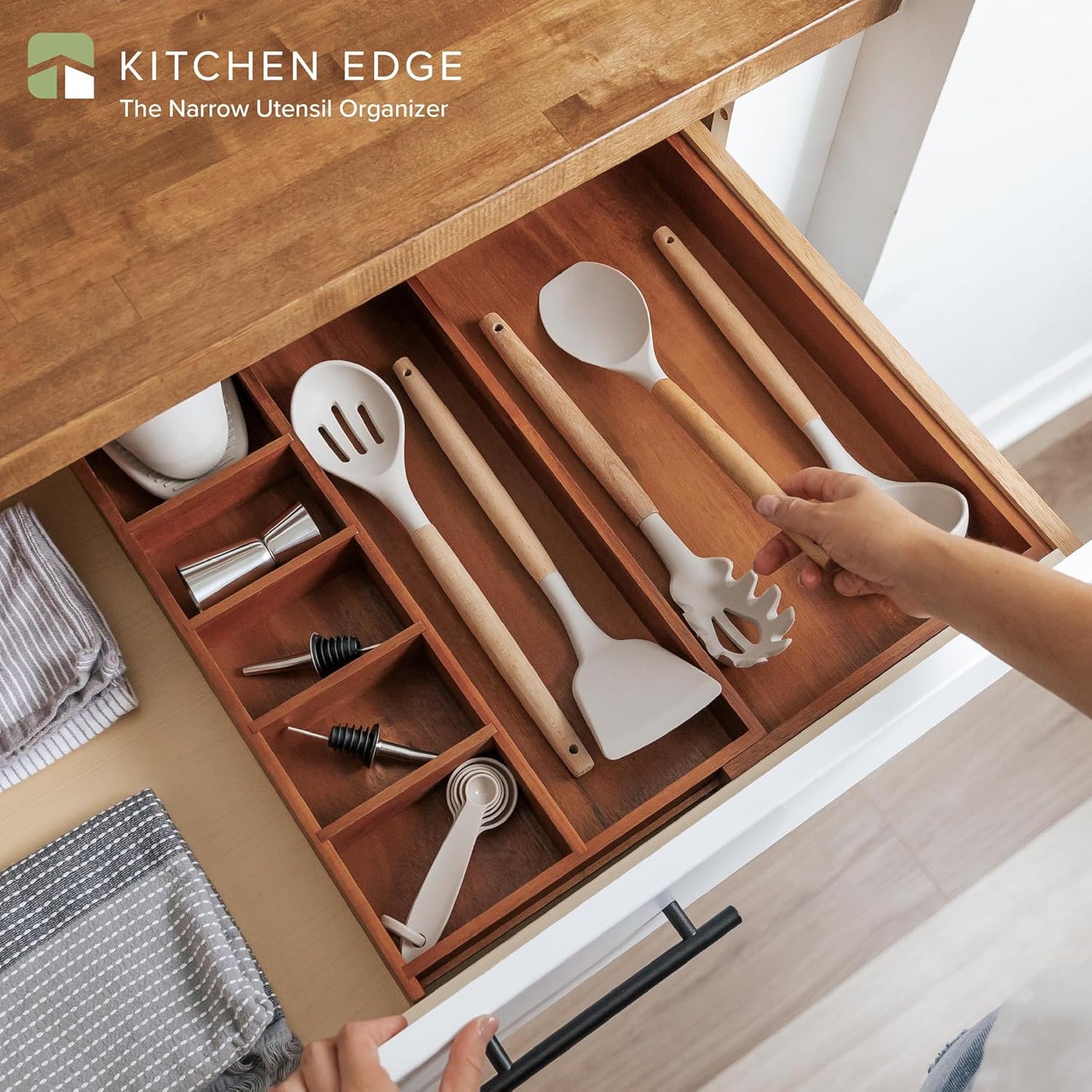KitchenEdge Adjustable Kitchen Drawer Organizer for Utensils and Junk, Food-Safe Contract Grade with 100% Sustainable Wood, Non-Slip, Expandable from 10.5 to 18.5 Inches Wide - Natural Acacia
