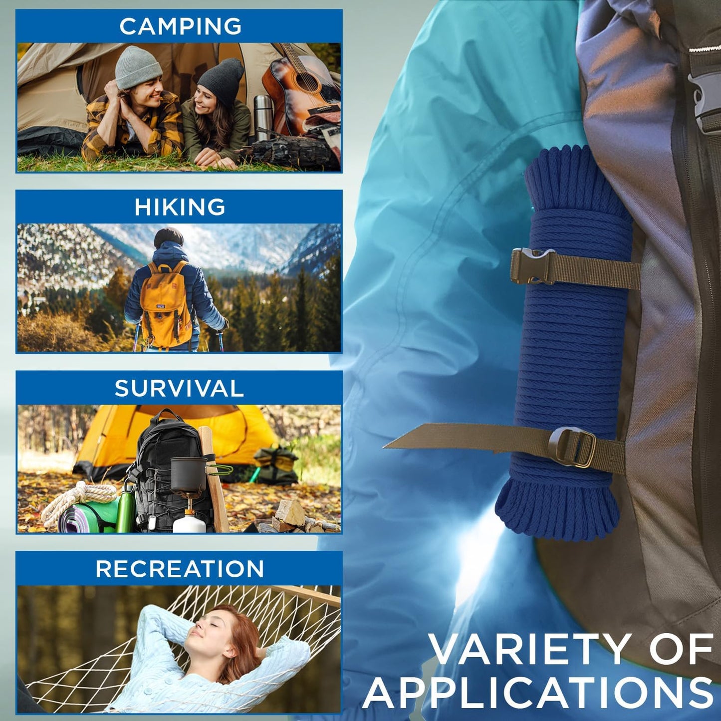 TECEUM Cotton Rope 3/16” (5 mm) – 100 FT – Strong All-Purpose Braided Rope – Natural Cotton – for Crafting, Сamping, Clothes Line, DIY, Indoor & Outdoor Use – Navy Blue