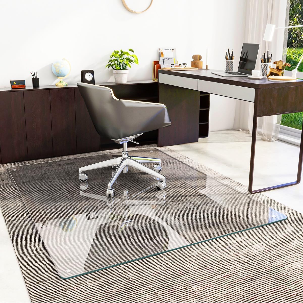 [Tempered Glass] 46" x 55" Glass Chair Mat, Heavy Duty Hard Floor Mat with Round Corner and Polished Edge, Office Chair Mat for Carpet Office Home Hardwood Floor Desk