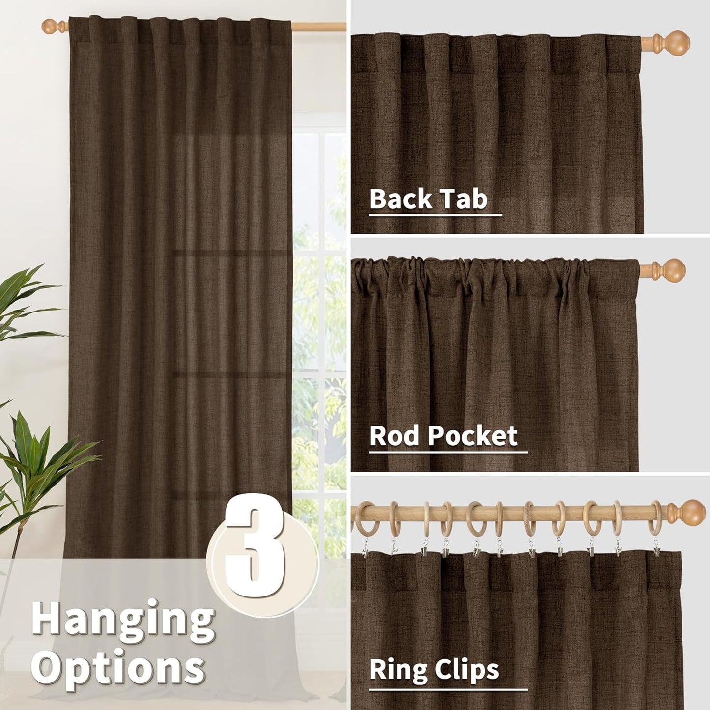 YoungsTex Linen Curtains 90 Inch Length for Living Room, Semi Sheer Window Drapes Rod Pocket Back Tab Light Filtering Privacy for Dining Room Office Bedroom, Brown, 2 Panels, 52 X 90 Inch