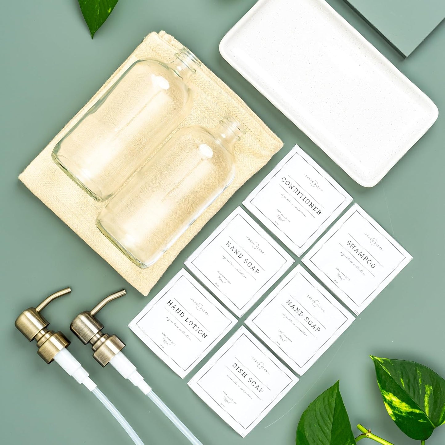 Vine Creations Glass Soap Dispenser, 2 Pack Kitchen Soap Dispenser Set with Ceramic Tray, Stainless Steel Pump, Dish Soap and Hand Soap Dispensers for Bathroom or Kitchen Decor with Waterproof Labels