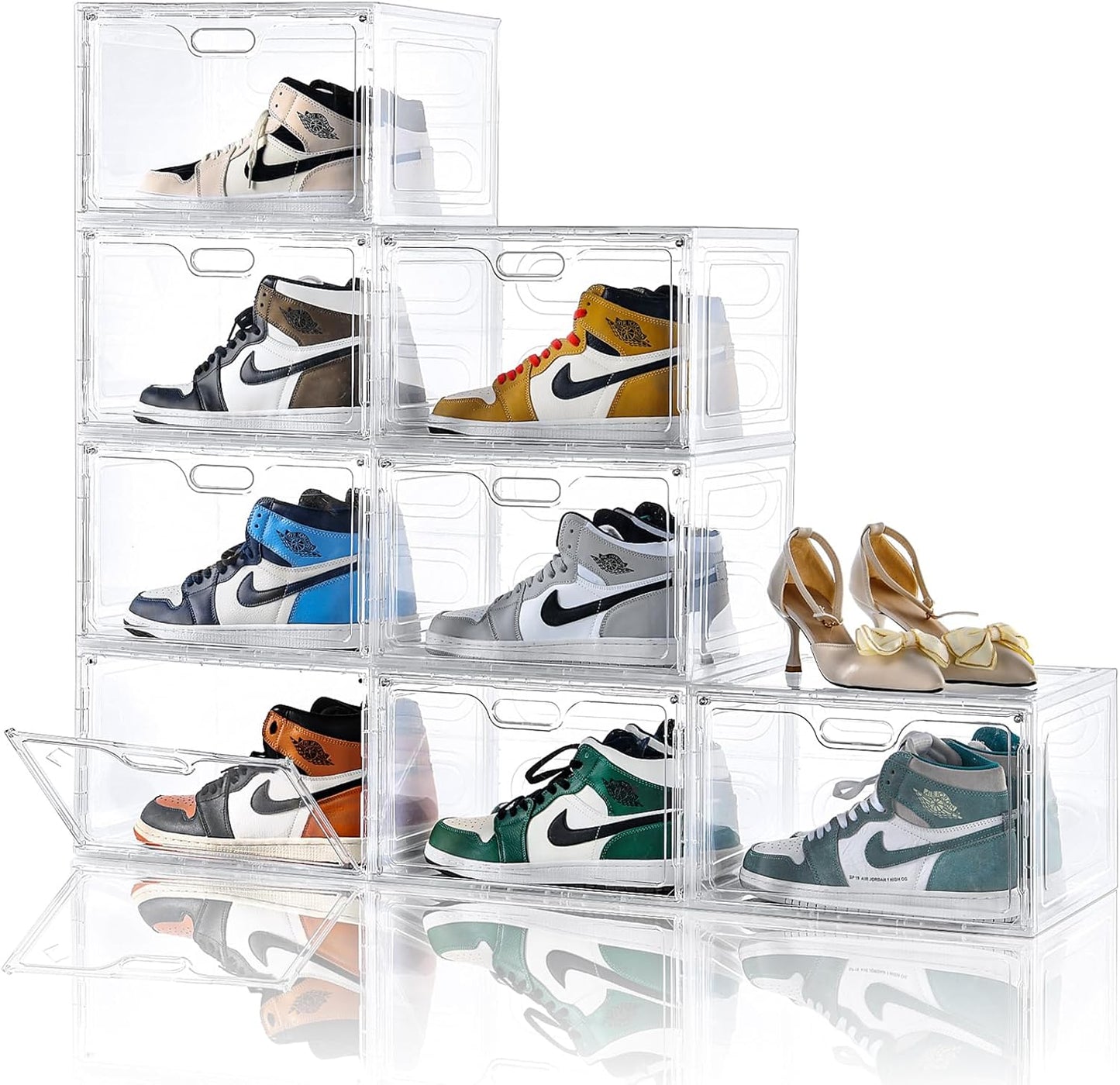 8 Pack Shoe Boxes Clear Plastic Stackable, Large Shoe Storage Organizer with Lids,Drop Side Shoe Containers for Entryway,Sneaker Storage Fit up to US Size 13 (13’’x 10.6”x 8.3”)