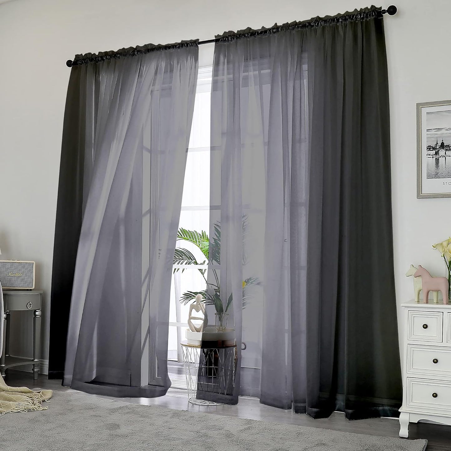 Chyhomenyc 2 Panels Solid Color Sheer Window Curtains 108 Inches Long, Elegant Window Voile Panels/Drapes/Treatment/Scarf for Bedroom Living Room Wedding Canopy (42X108 Inches, Black) 9 FT